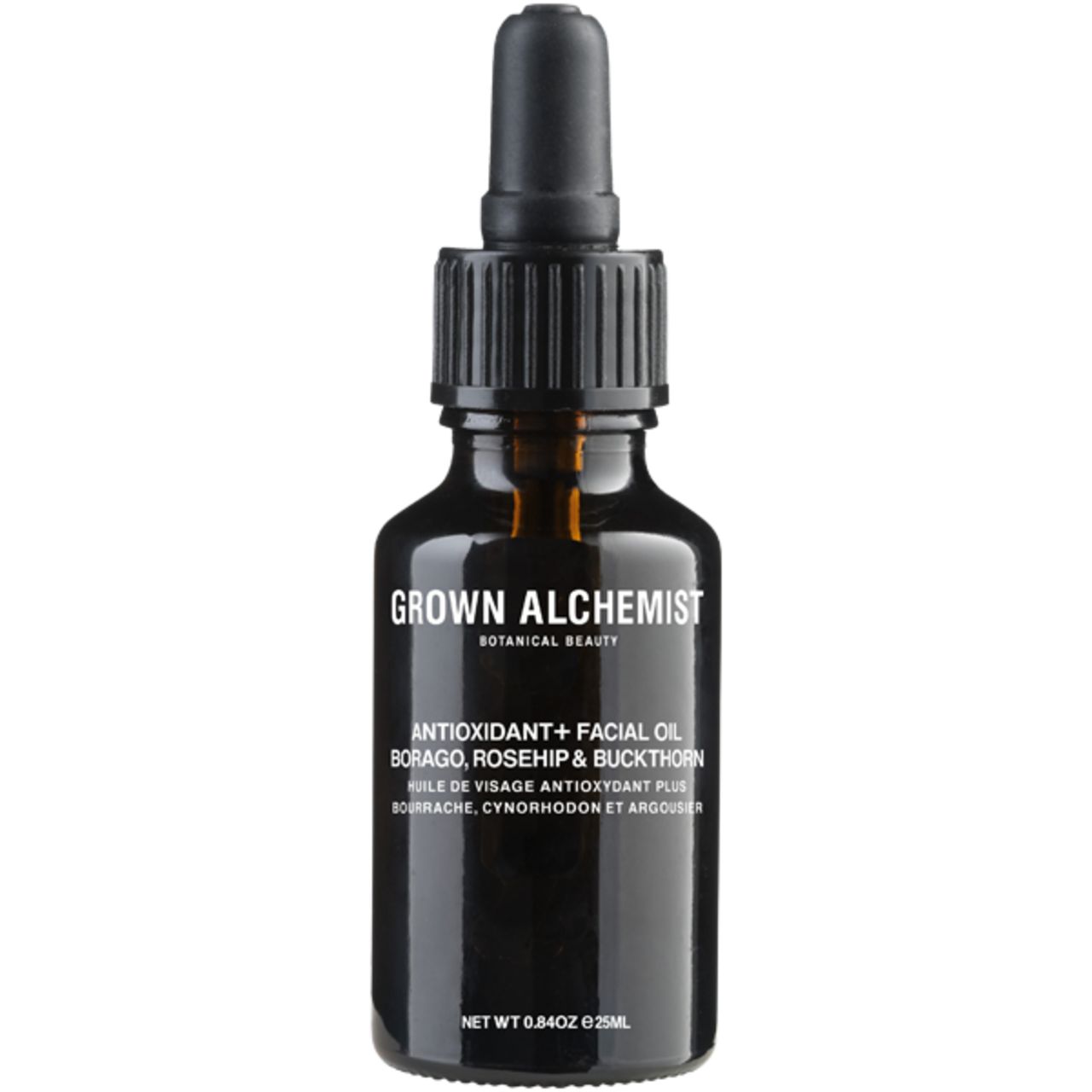 Braune Glasflasche mit Pipette. Aufschrift: Grown Alchemist, Antioxidant + Facial Oil.