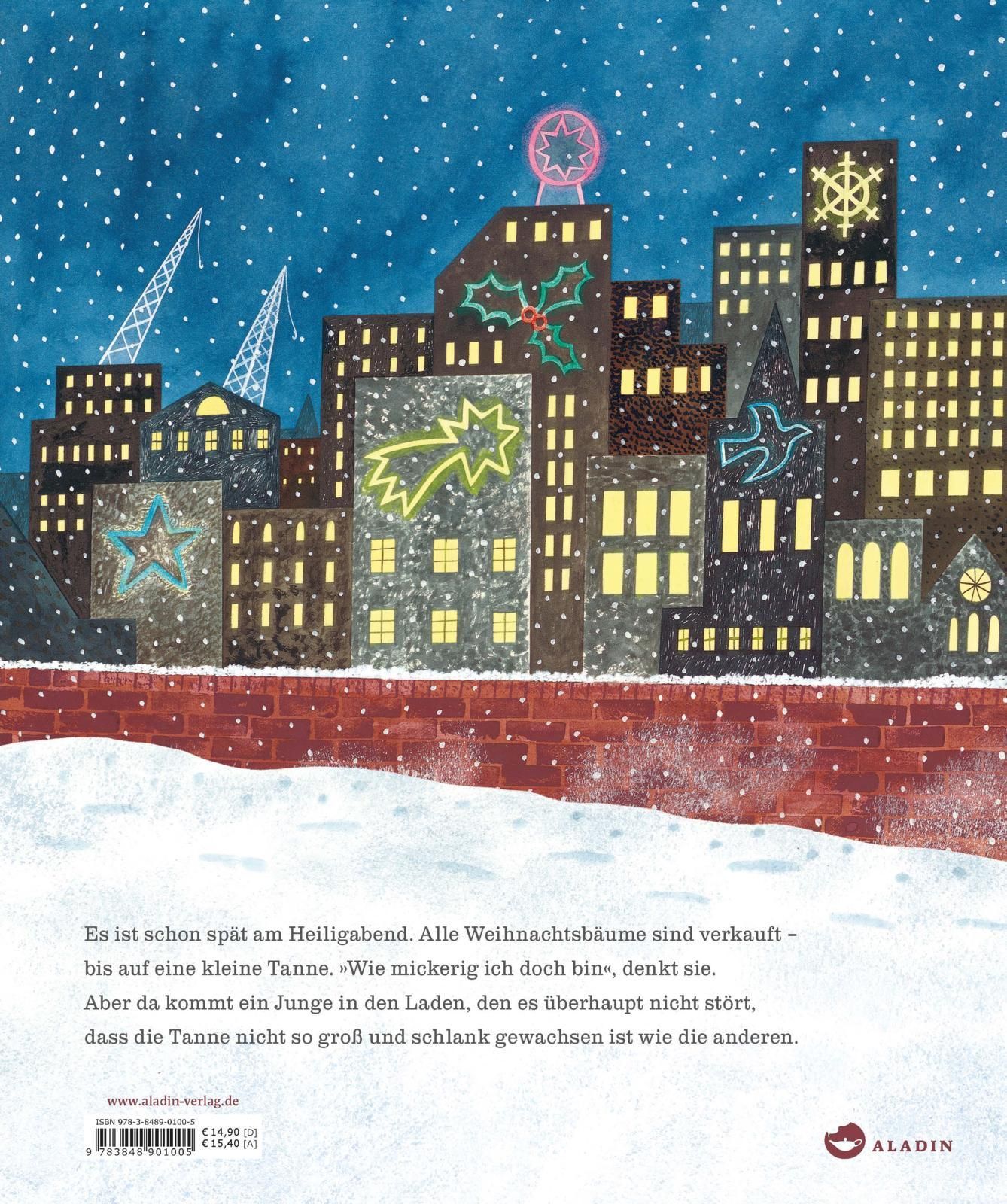 Illustration einer winterlichen Stadtlandschaft mit beleuchteten Gebäuden. Schnee am Boden, Stern- und Weihnachtsbaum-Dekorationen.