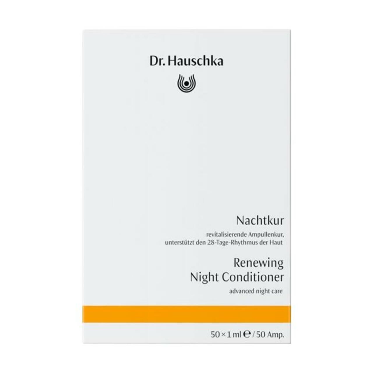 Weißer Karton mit Produktbezeichnung Nachtkur, Renewing Night Conditioner. Orangefarbener Streifen am unteren Rand. Marke Dr. Hauschka.