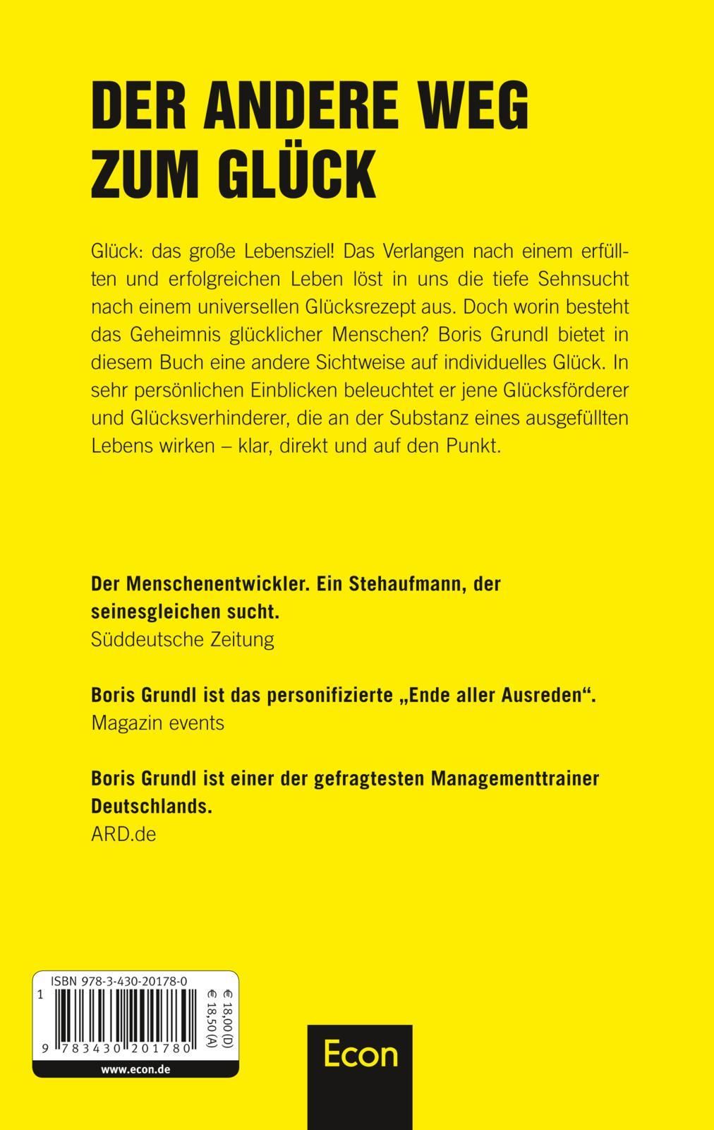 Buchcover mit gelbem Hintergrund und Titel "Mach mich glücklich". Ein lächelndes Gesicht und der Name Boris Grundl sind ebenfalls zu sehen.