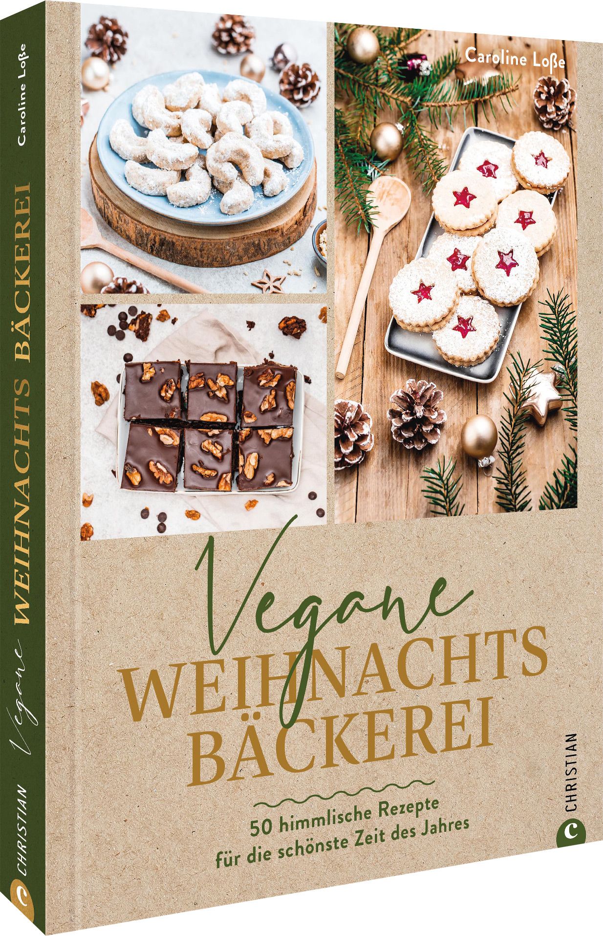 Buchcover: Vegane Weihnachtsbäckerei. Titel und Autorin Caroline Löffel. Abgebildet sind Kekse, Schokolade und Weihnachtsdekoration.