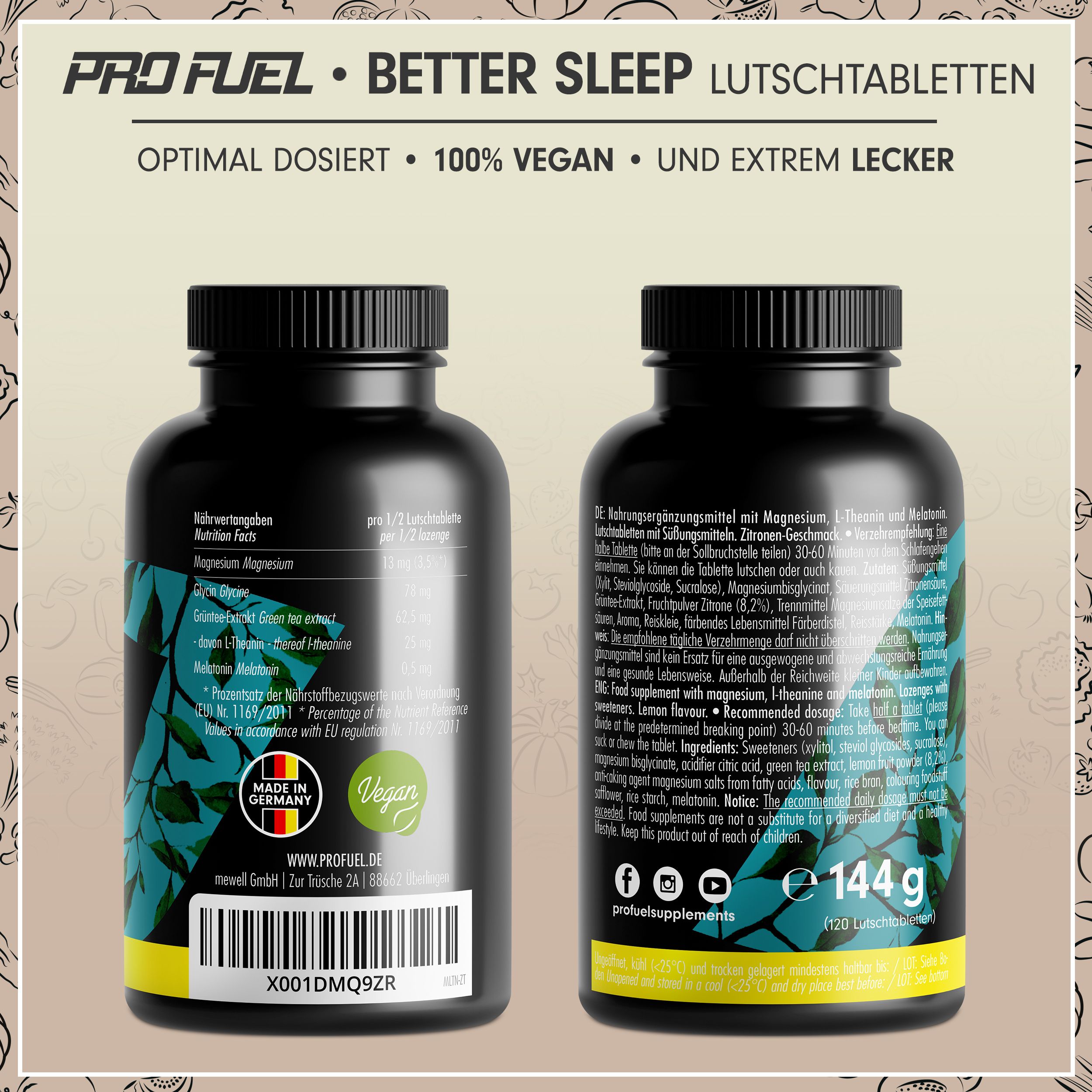 Zwei Flaschen "BETTER SLEEP LUTSCHTABLETTEN". Rückseite: Inhaltsstoffe, Nährwertangaben, Made in Germany, vegan. Gewicht: 144g.