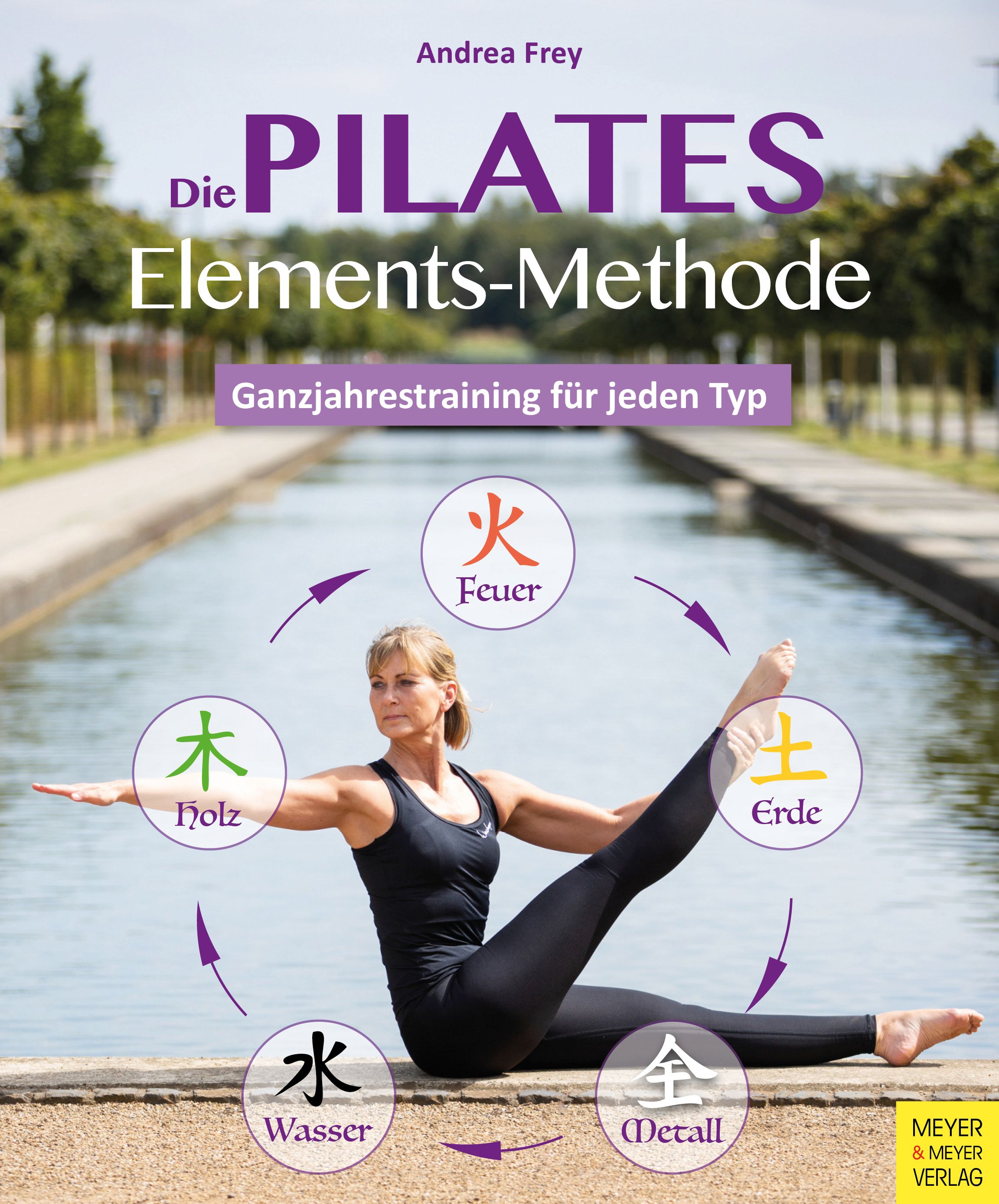 Buchcover: "Die Pilates Elements-Methode". Frau in Sportkleidung, Yoga-Pose. Elemente-Kreis mit Symbolen. Verlag Logo.