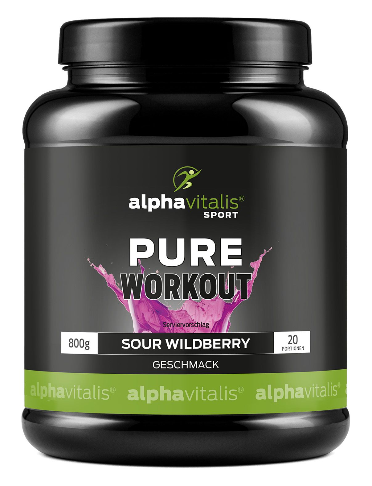 Schwarze Dose Pure Workout, 800g, Sour Wildberry. Alphavitalis Logo. 20 Portionen.
