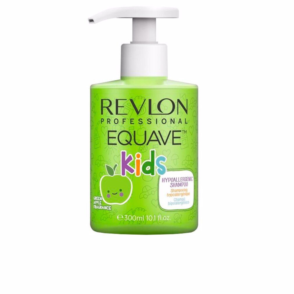 Grüne Flasche mit weißem Pumpkopf. Aufschrift: Revlon Equave Kids, Apfelduft. Enthält 300 ml.