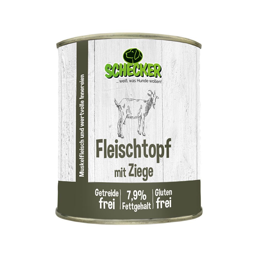 Schecker Fleischtopf mit Ziege. Dose mit Etikett, Ziegenabbildung, Text. Getreide-, glutenfrei.