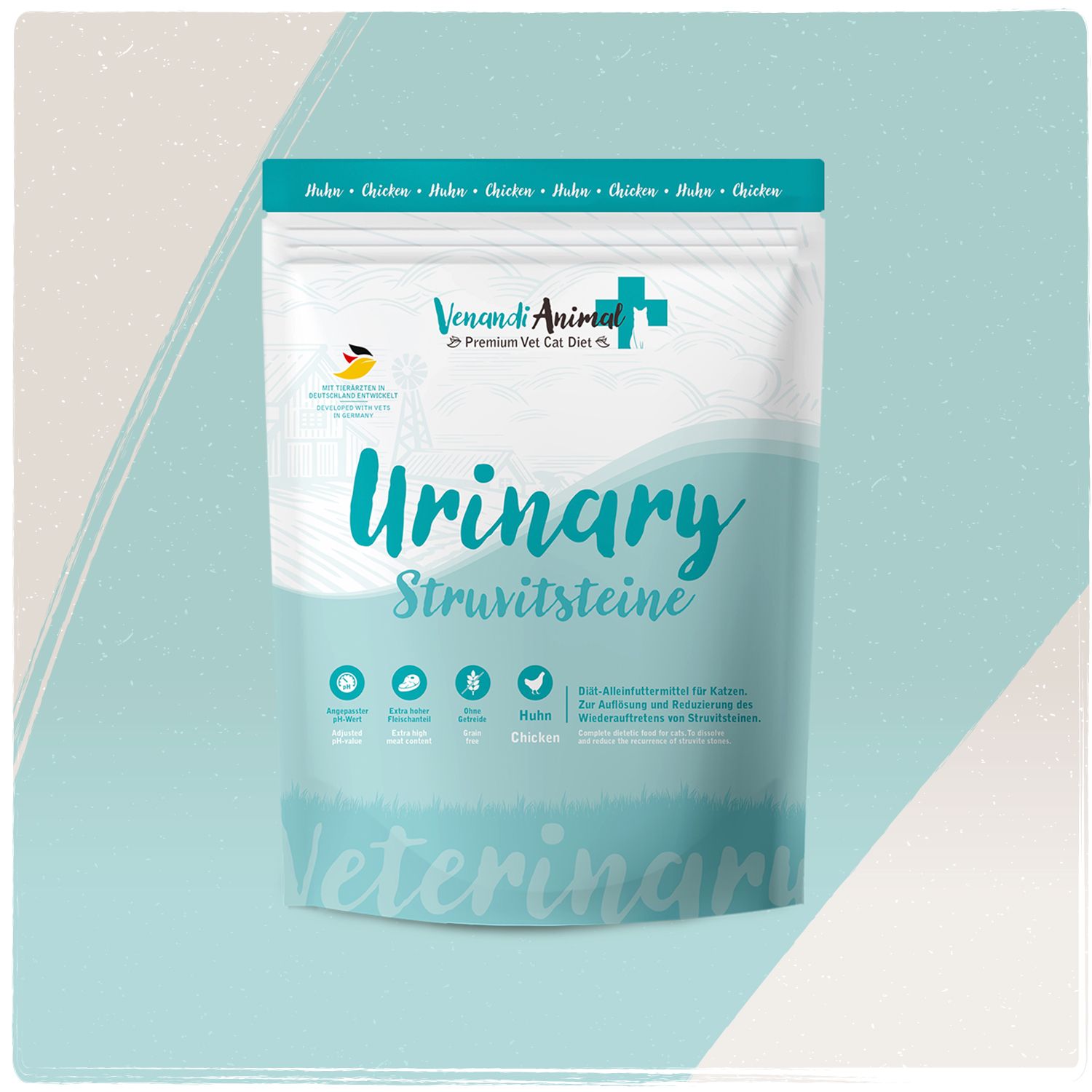 Venandi Animal Urinary Struvitsteine Huhn Katzenfutter Beutel. Mit Symbolen für Gesundheit und Huhn.
