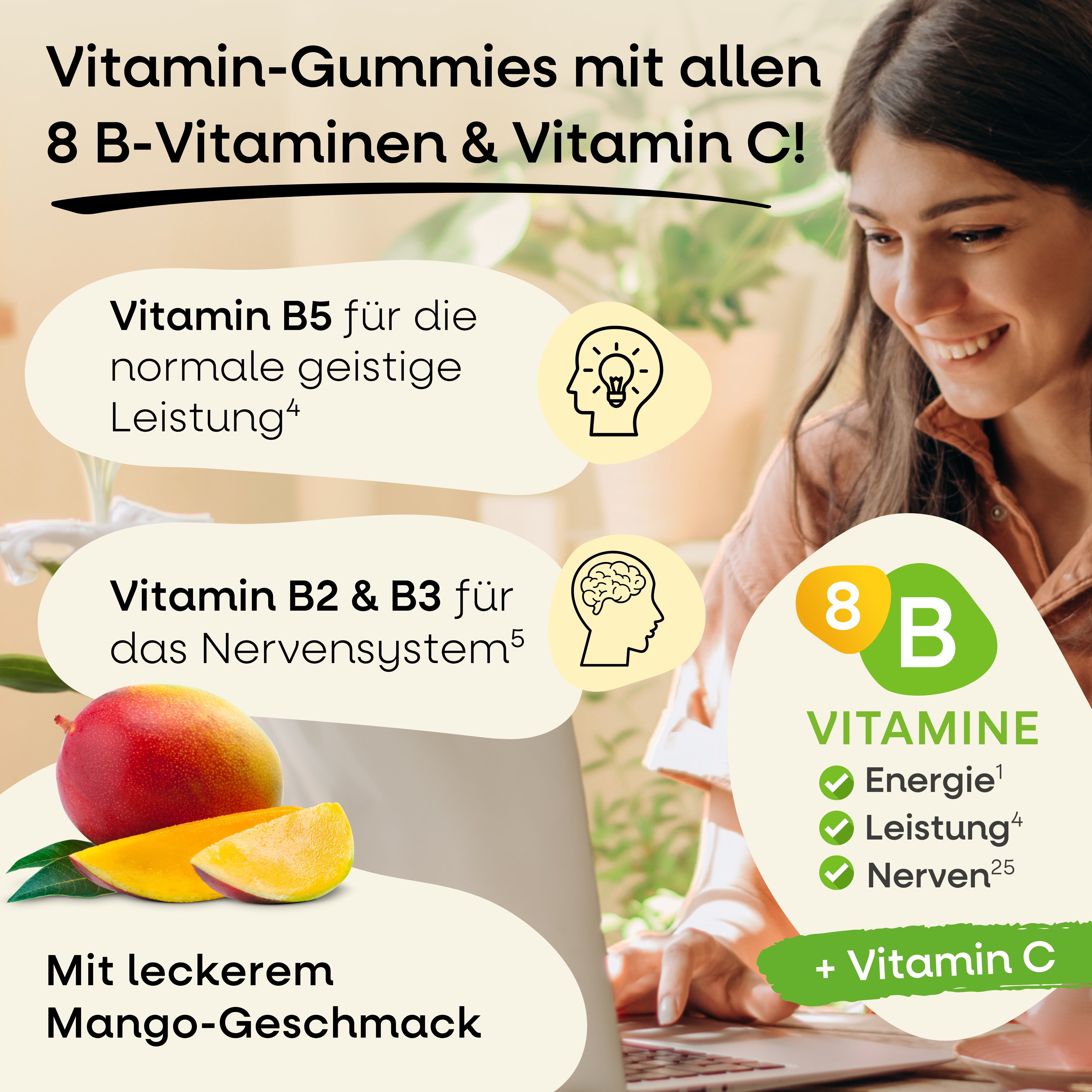 Frau mit Laptop, Infografik mit Vitamin B und C. Mango und Mango-Stücke. Text: Vitamin B5, B2 & B3, Energie, Leistung, Nerven, Mango-Geschmack.