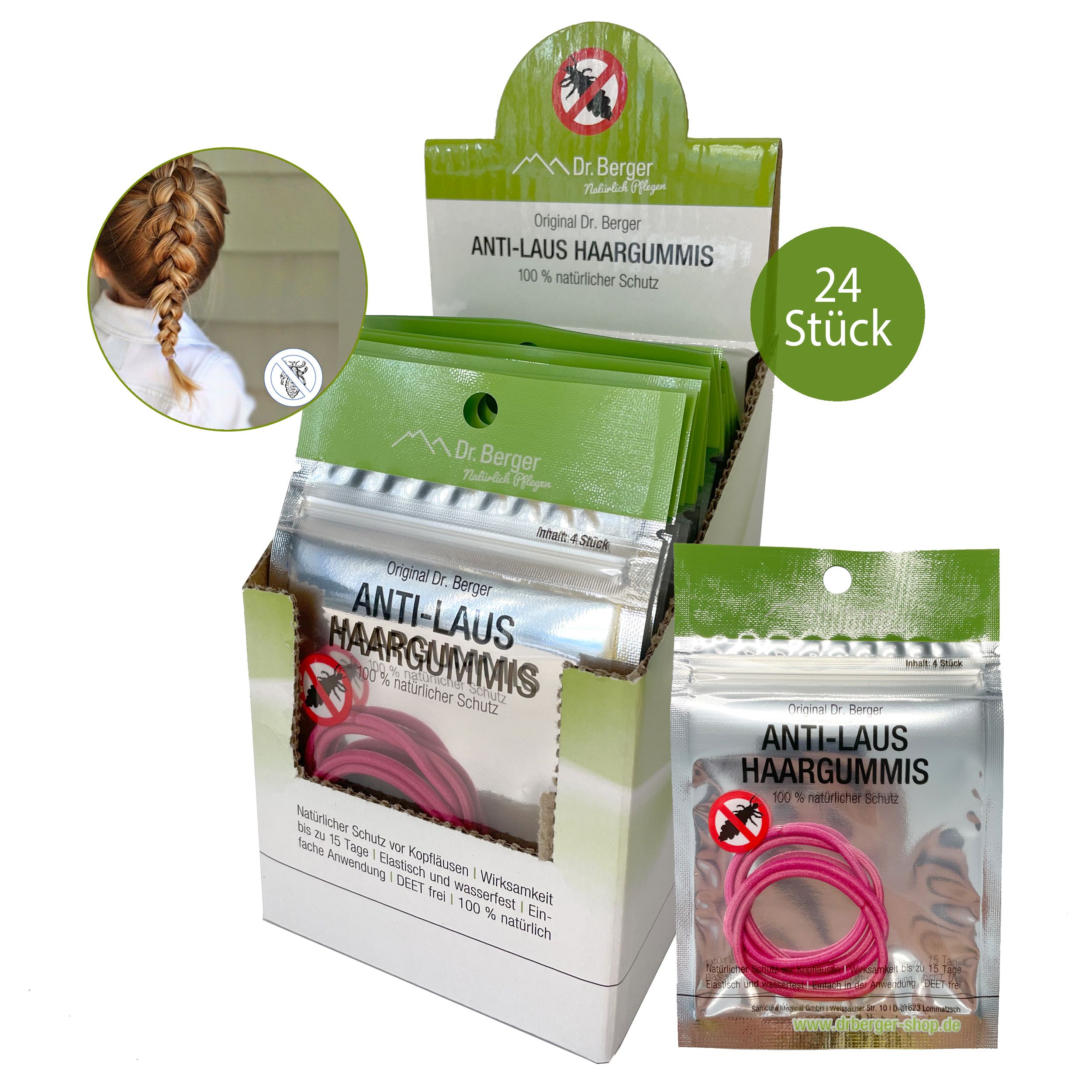 Display mit Anti-Laus Haargummis. Verpackungen mit je 4 Gummis. Aufdruck: Anti-Laus Haargummis, 100% natürlicher Schutz. 24 Stück.