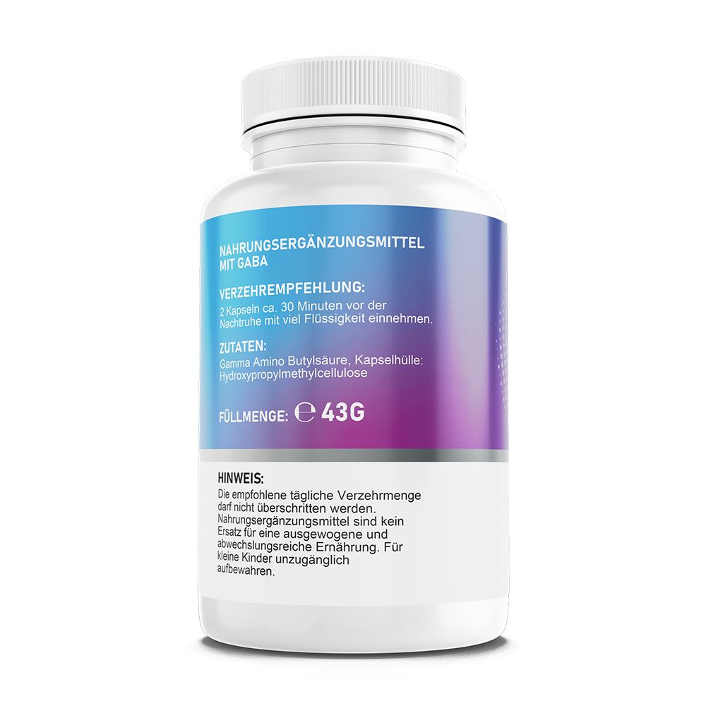 Rückansicht einer weißen Flasche mit blau-lila Etikett. Text: Nahrungsergänzungsmittel. Verzehrempfehlung: 2 Kapseln. Zutaten. Füllmenge: 43g.