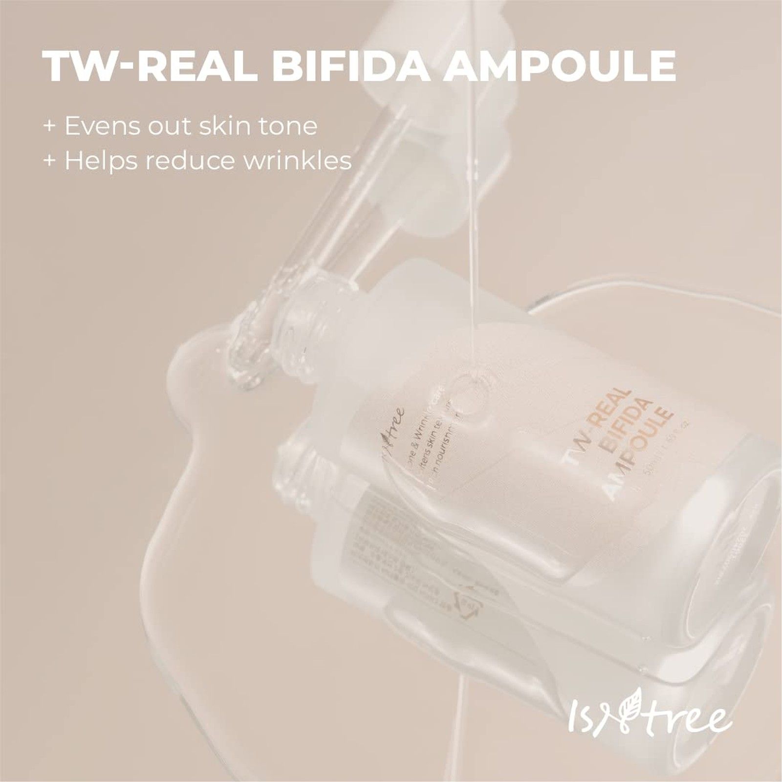 Tropfen Isntree TW-Real Bifida Ampoule fallen aus Pipette in eine klare Flüssigkeit.