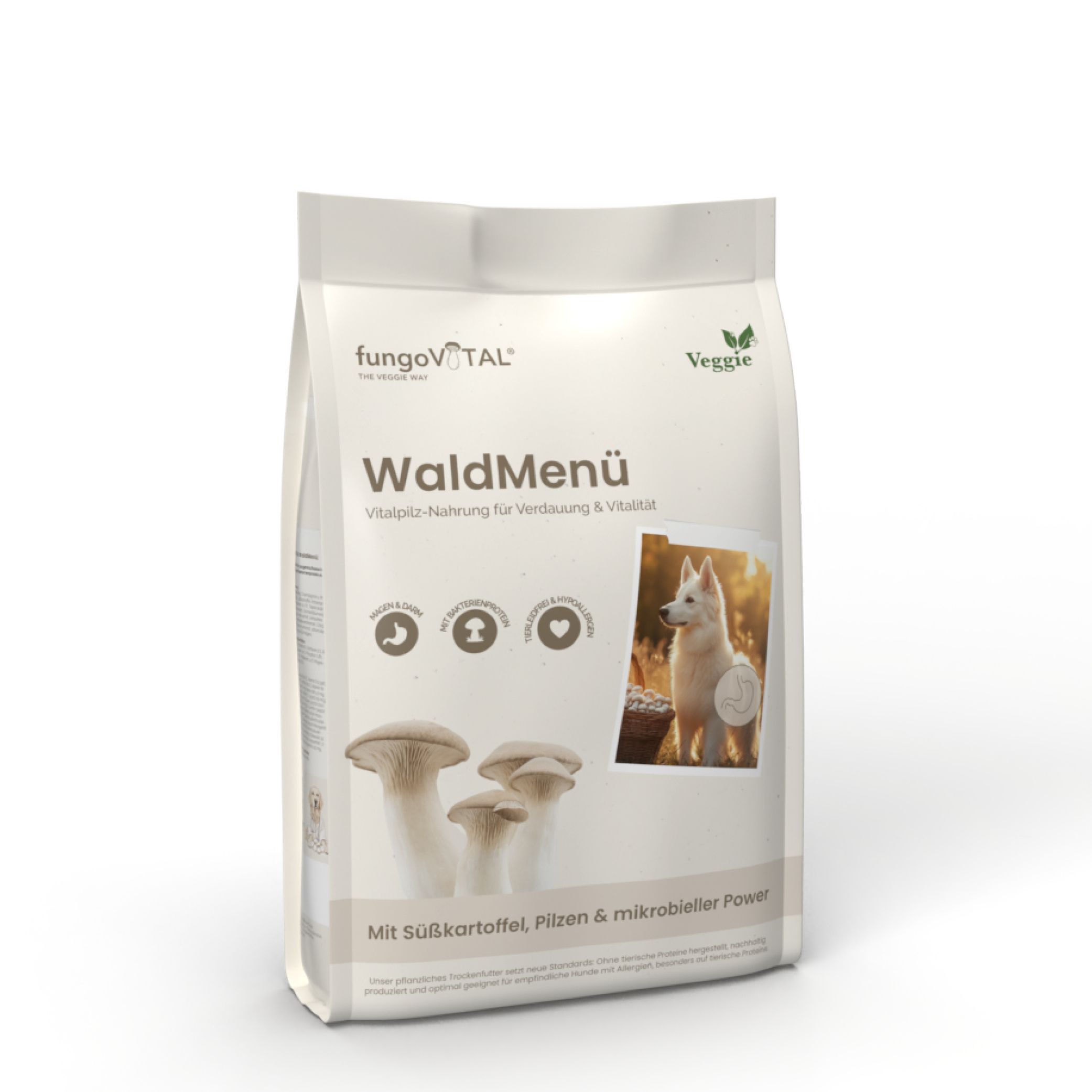 Beutel mit WaldMenü-Hundefutter. Text: Vitalpilz-Nahrung für Verdauung & Vitalität. Logo: Veggie. Abbildung: Hund.
