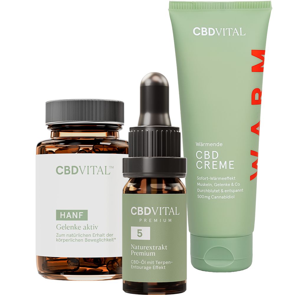 Drei Produkte: Flasche, Tropfflasche und Tube. Aufschrift: CBD VITAL. Enthält CBD-Öl, Kapseln und Creme.