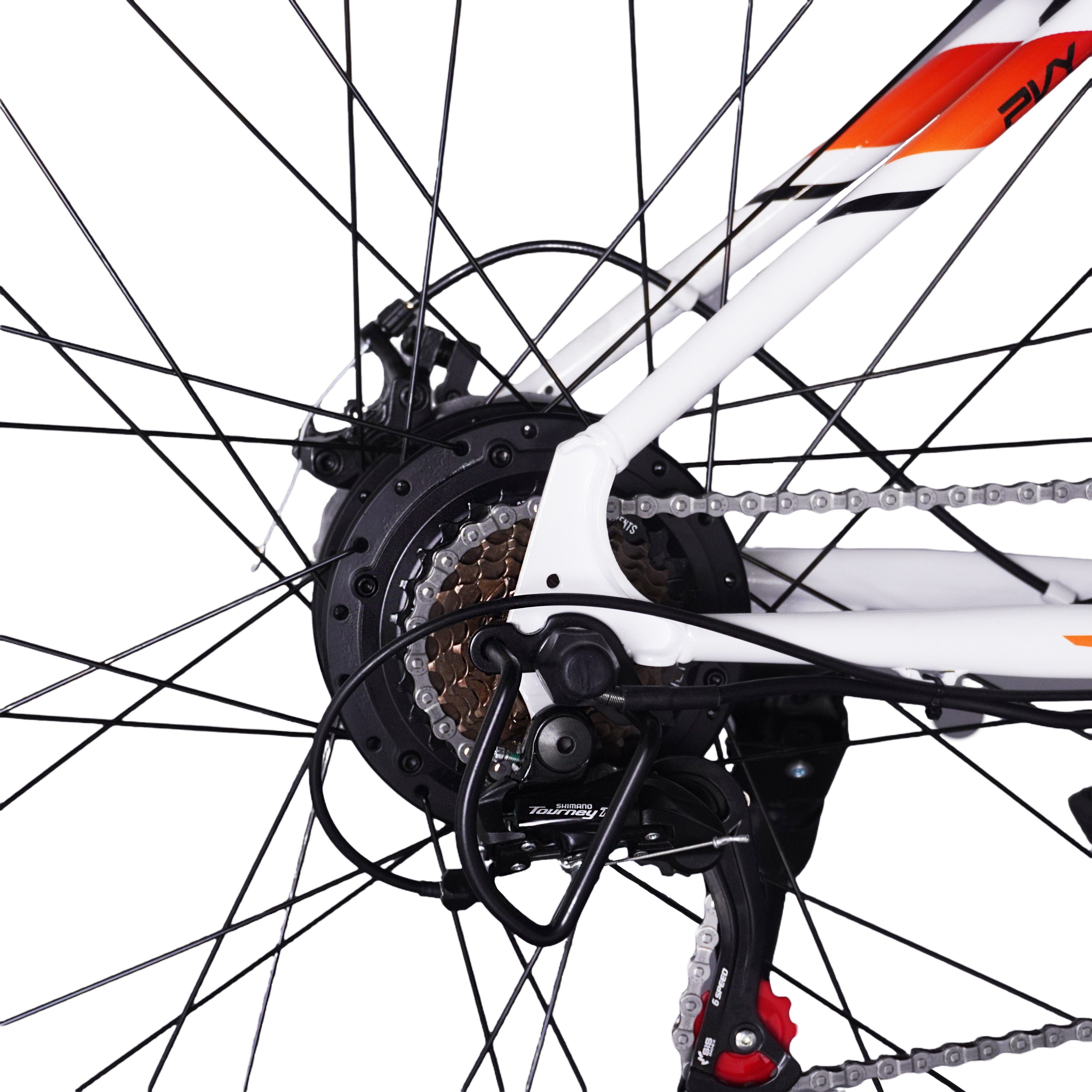 Nahaufnahme des Hinterrads eines Elektrofahrrads. Zahnräder, Kette und Schaltwerk sind sichtbar.