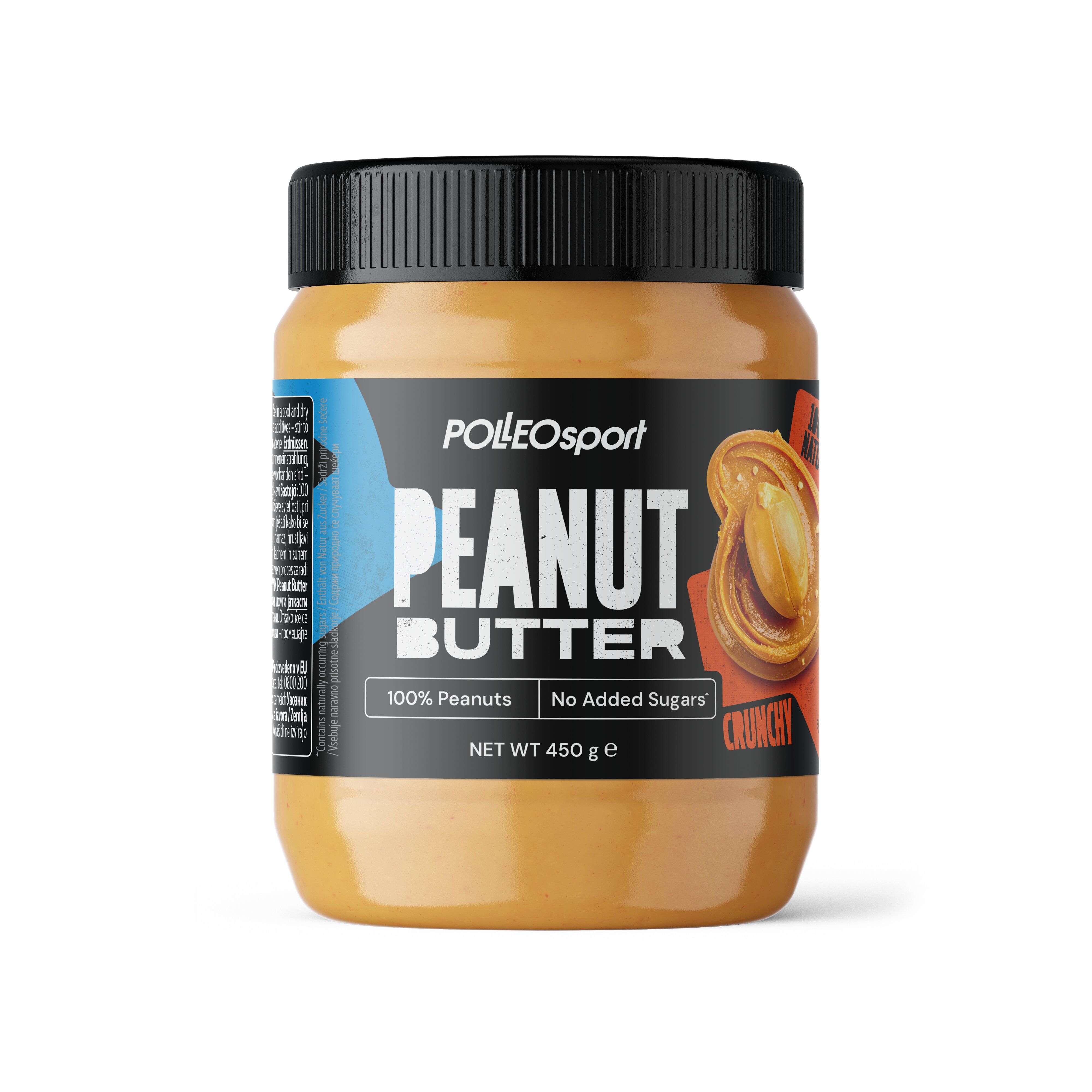 Polleo Erdnussbutter Crunchy, 450g Glas. 100% Erdnüsse, ohne Zuckerzusatz.