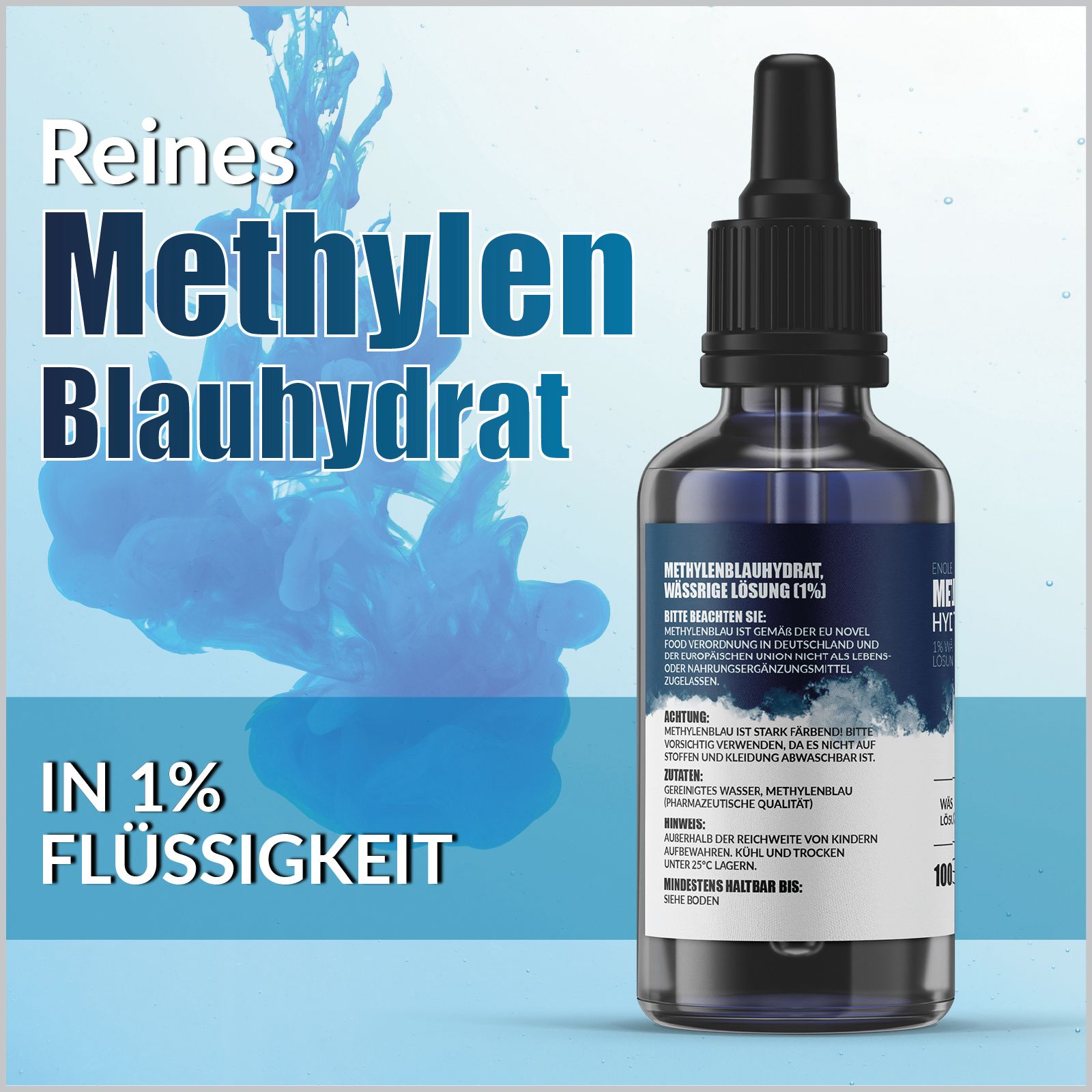 Glasflasche mit Tropfer, blaue Flüssigkeit. Aufschrift: Reines Methylen Blauhydrat, wässrige Lösung (1%).