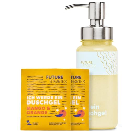Gelbe Flasche mit Pumpe und zwei Sachets. Aufschrift: Mango & Orange. Zertifizierte Naturkosmetik.