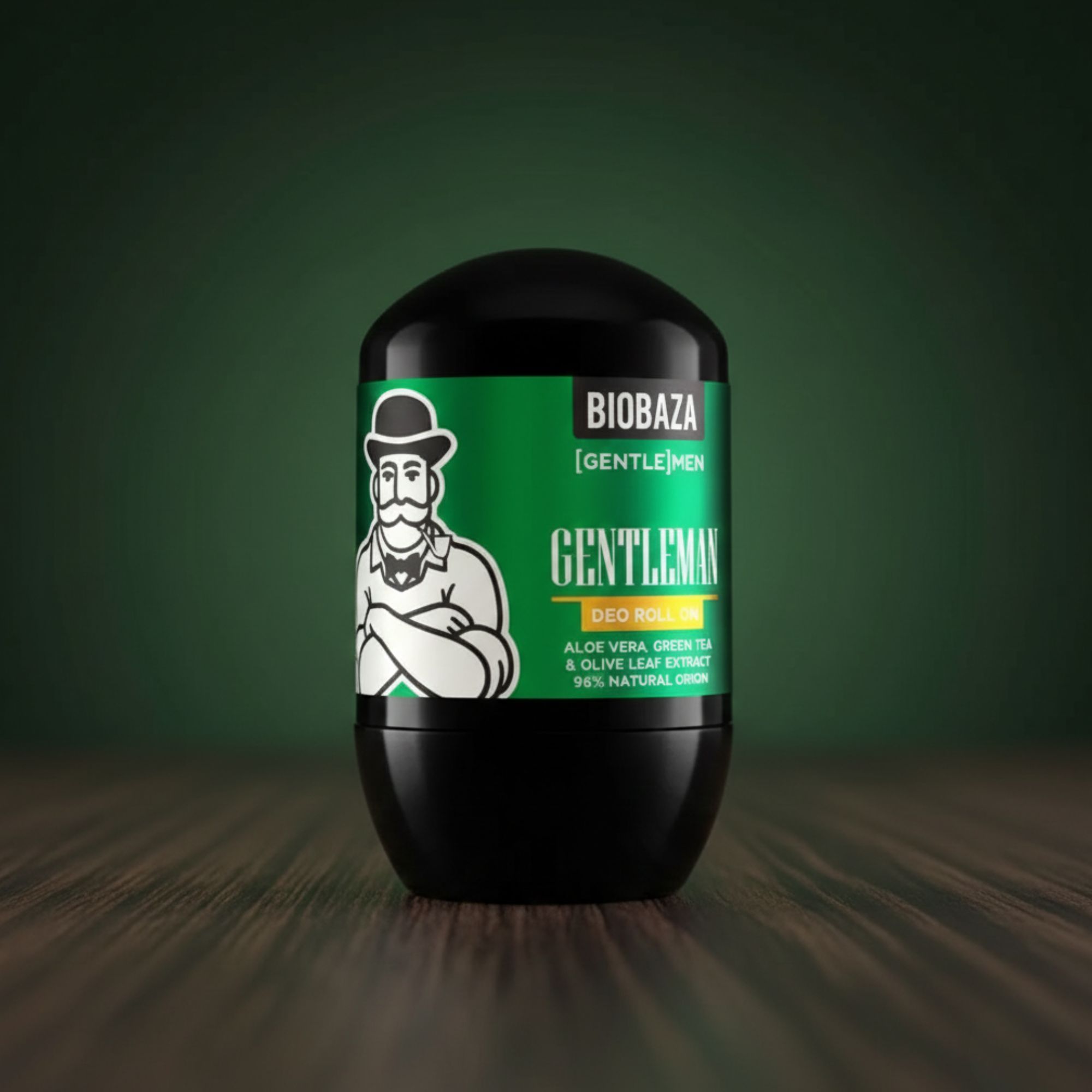 Schwarzer Deo Roll-On mit grüner Beschriftung. Aufschrift: Biobaza, Gentleman, Deo Roll-On. Abgebildet ist ein Mann mit Hut.