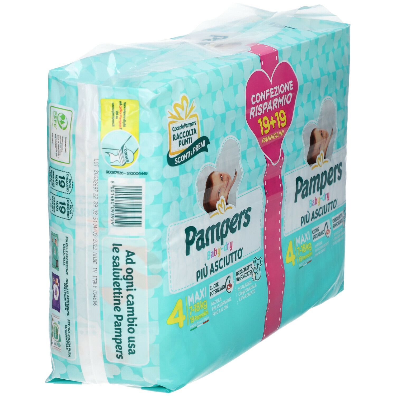Confezione Pampers Baby Dryduo Max. Imballaggio turchese con cuore rosa. Testo: 19+19, Baby Dry, 4 Maxi.