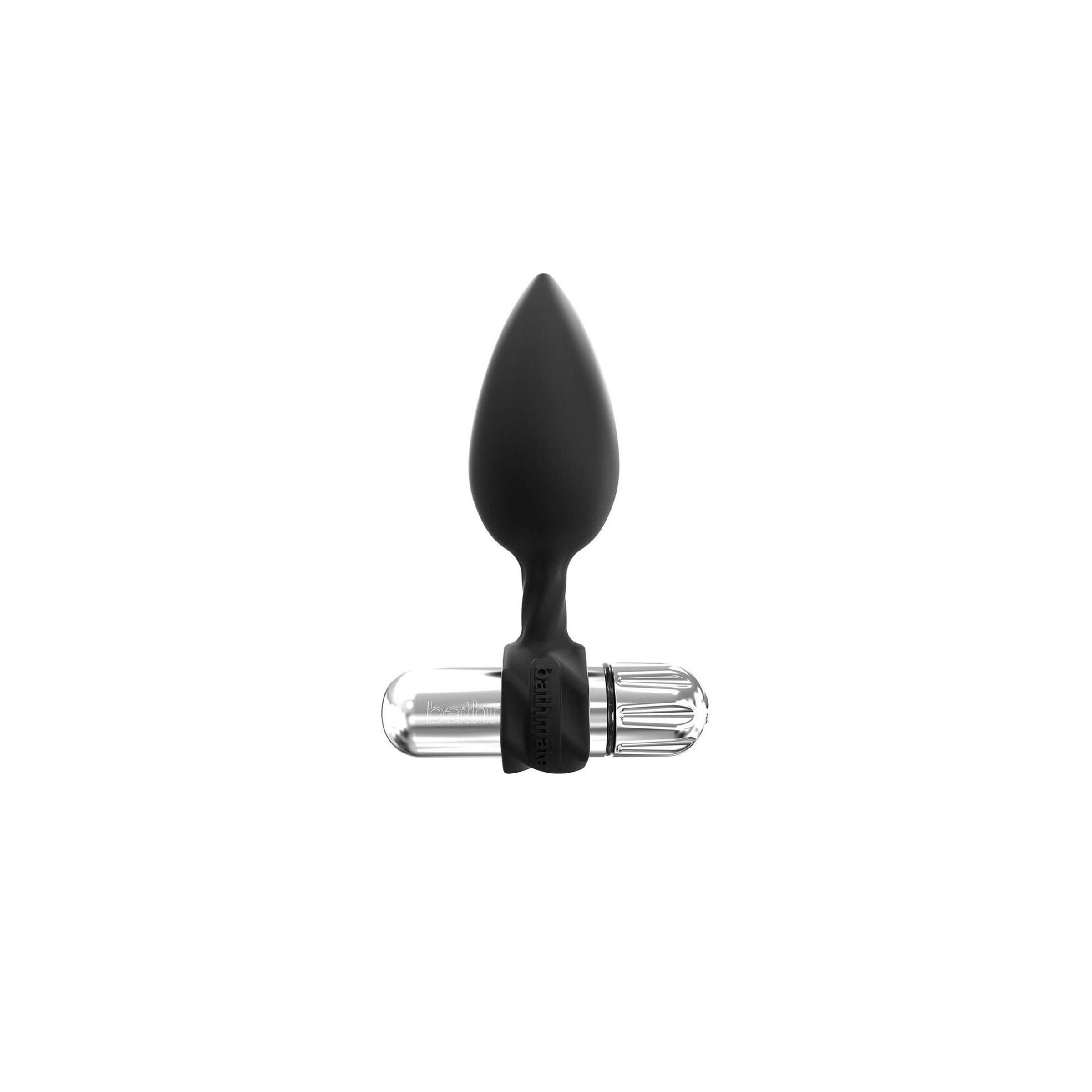 Schwarzer Anal-Plug mit Tropfenform und Vibrator. Der Vibrator ist silberfarben und hat eine geriffelte Oberfläche.