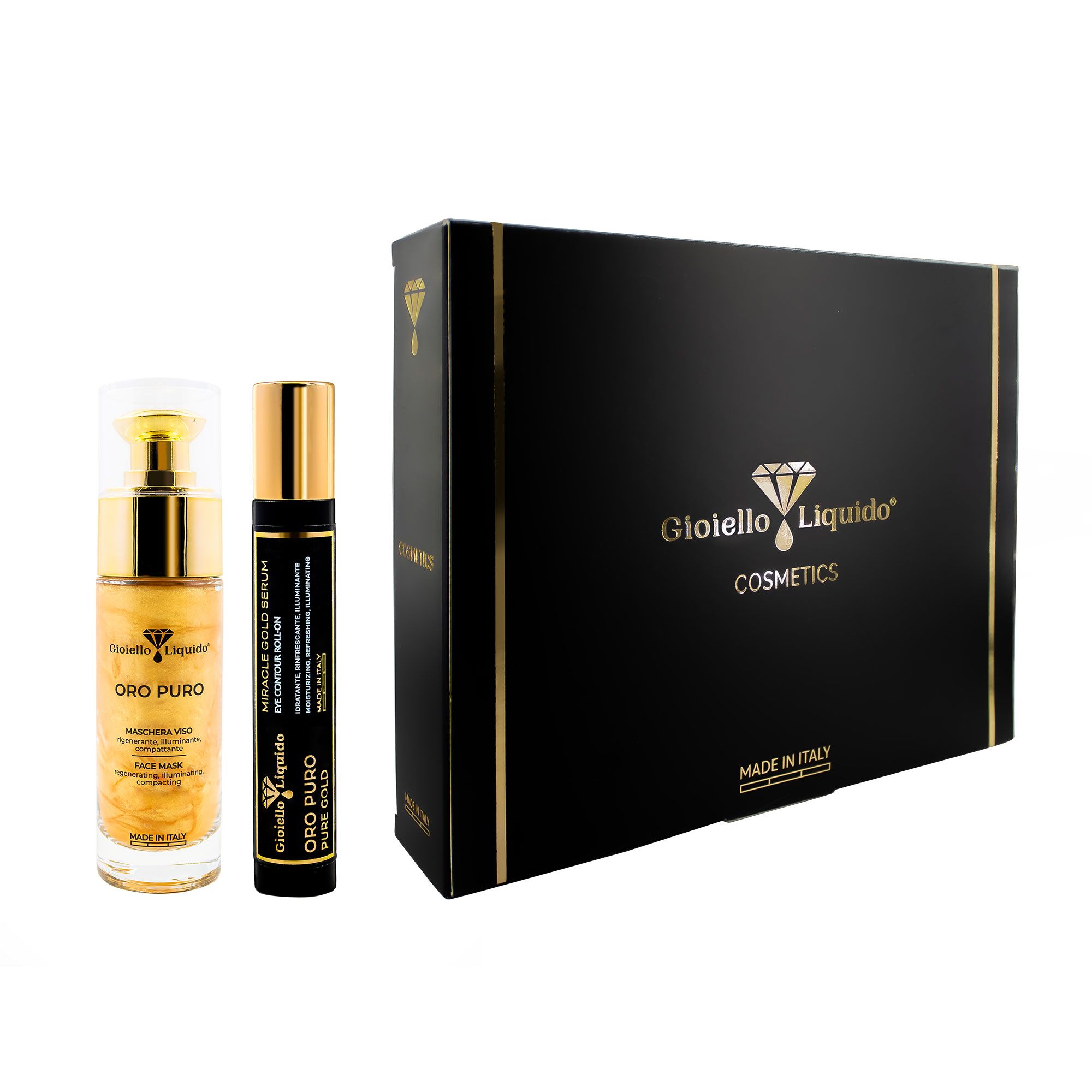 Geschenkbox mit zwei Produkten. Schwarze Box mit Goldakzenten. Zwei Flaschen mit goldener Flüssigkeit.
