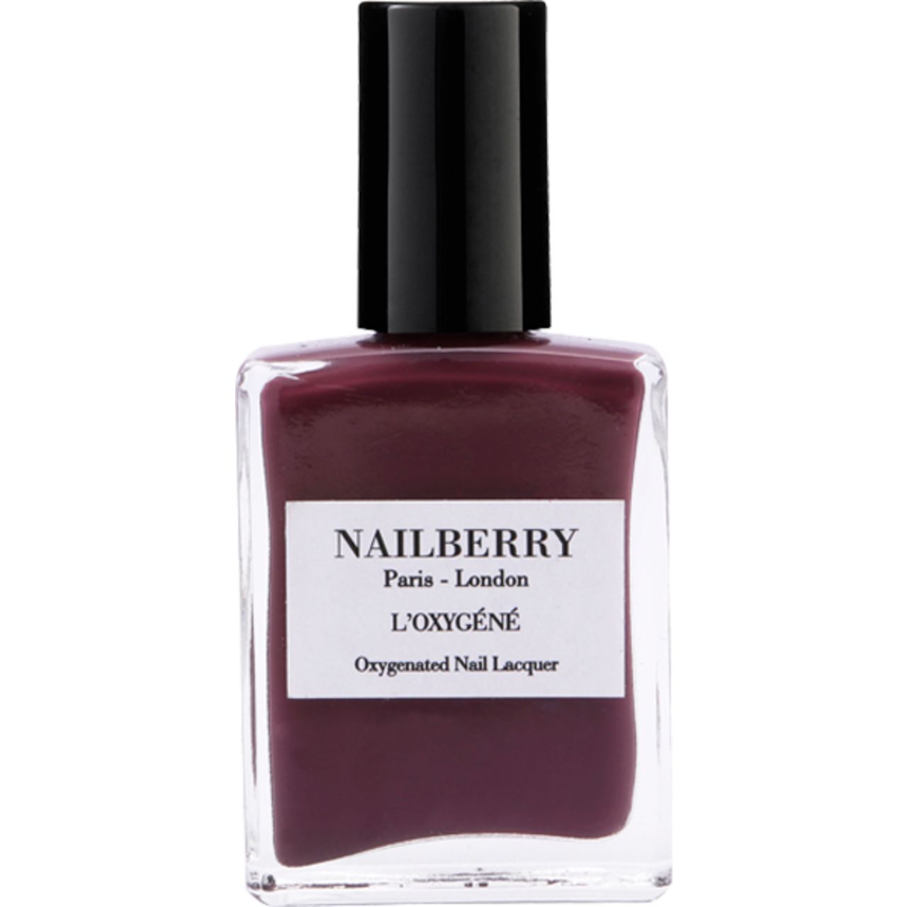 Nagellackflasche mit dunkelroter Farbe. Schwarzer Deckel. Weißes Etikett mit "NAILBERRY" und "L'OXYGÉNÉ".