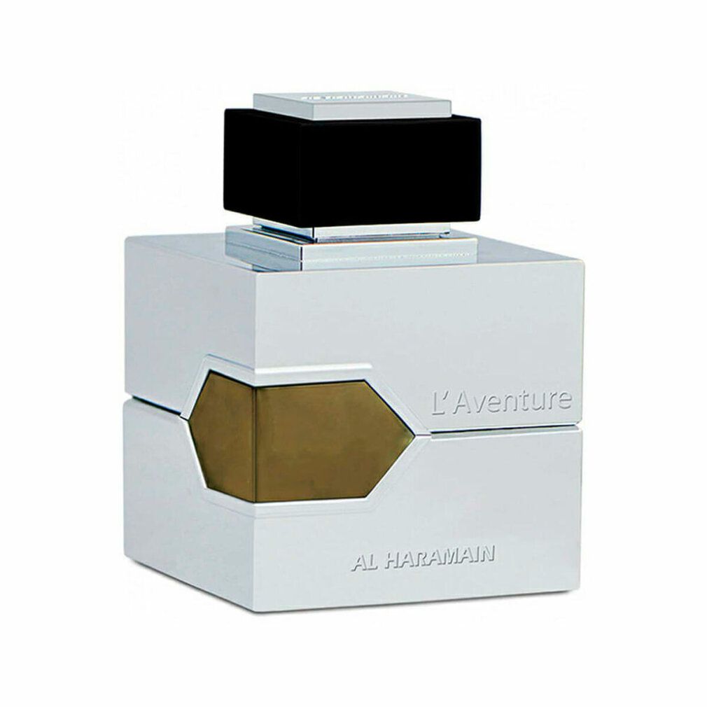 Silberfarbener Flakon mit schwarzem Deckel. Aufschrift L'Aventure und Al Haramain. Eckige Form.