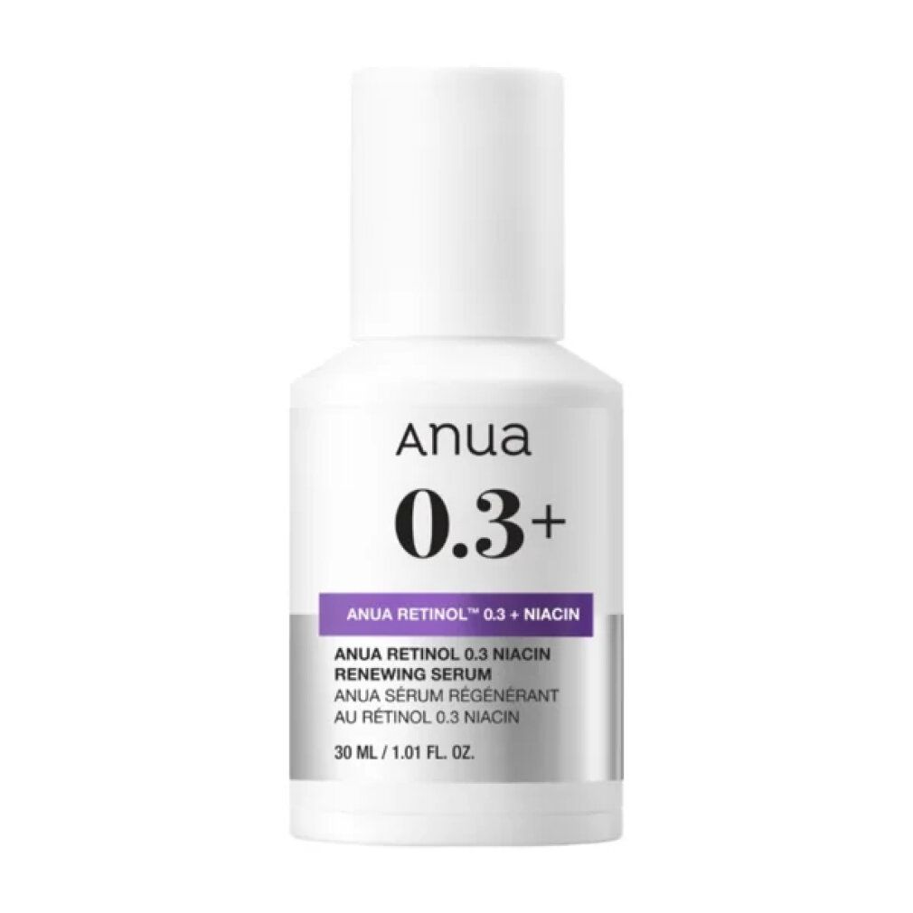 Weiße Flasche ANUA Nano Retinol 0.3% + Niacin Serum mit silbernem Verschluss.