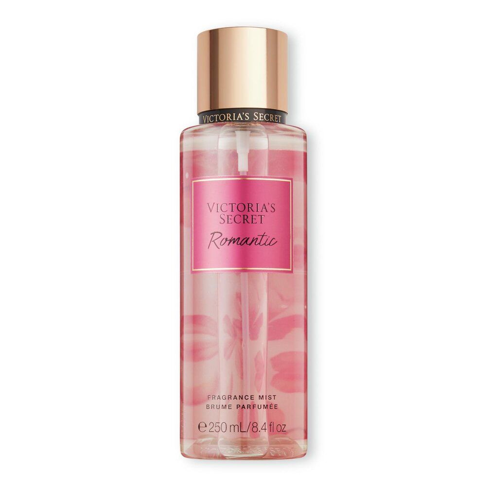 Rosafarbene Flasche mit Sprühkopf. Aufkleber mit "Victoria's Secret Romantic". Text: "Fragrance Mist".