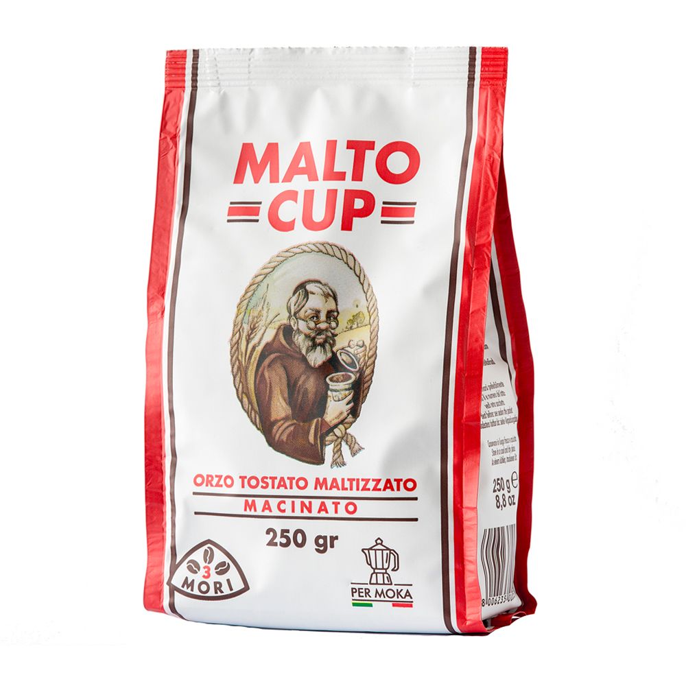Confezione di Malto Cup. Bianca con bordo rosso. Illustrazione di un uomo con tazza. Testo: Orzo Tostato Maltizzato Macinato, 250 gr.