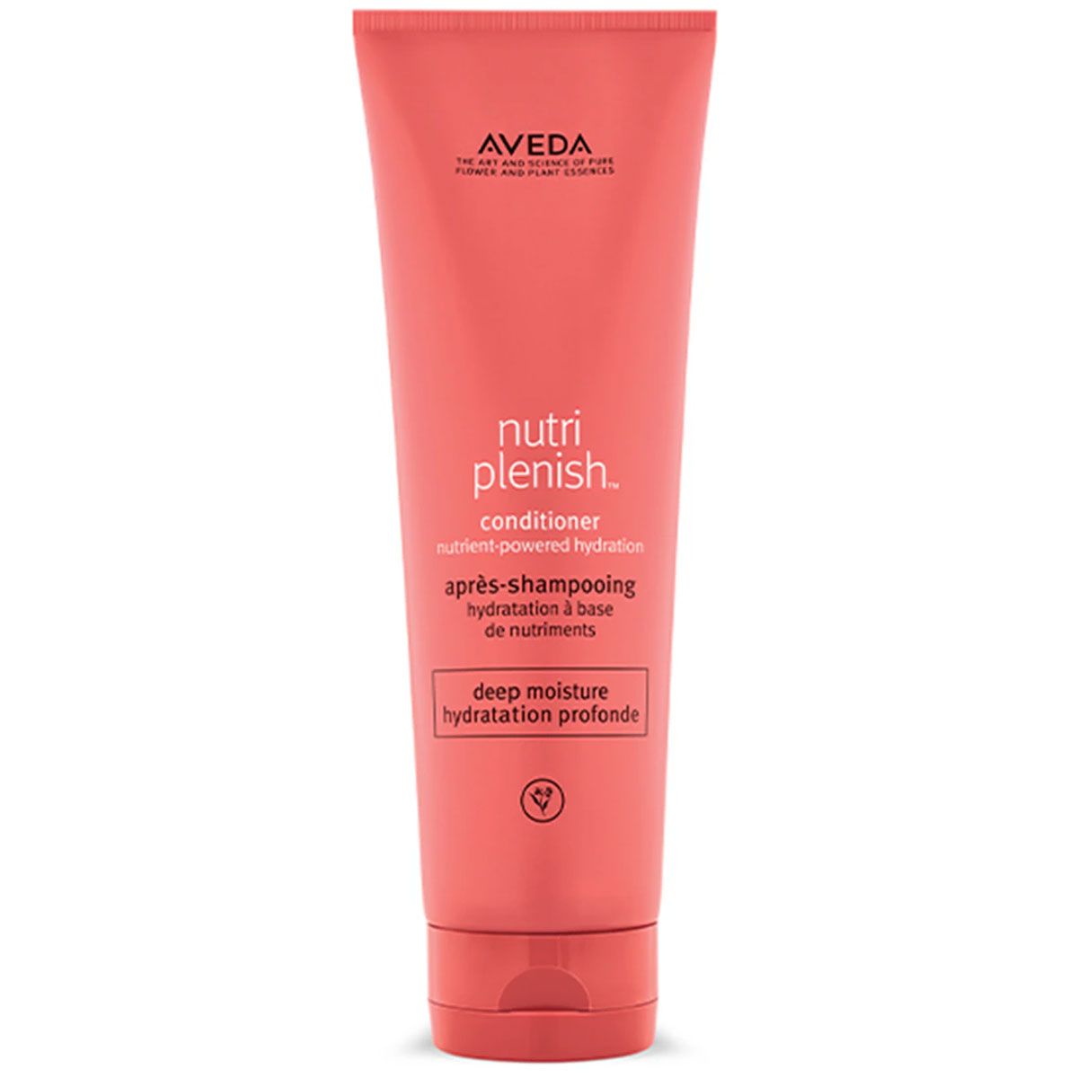 Rote Tube mit AVEDA Logo, "nutri plenish" Conditioner und "deep moisture" Aufschrift. Deckel unten.