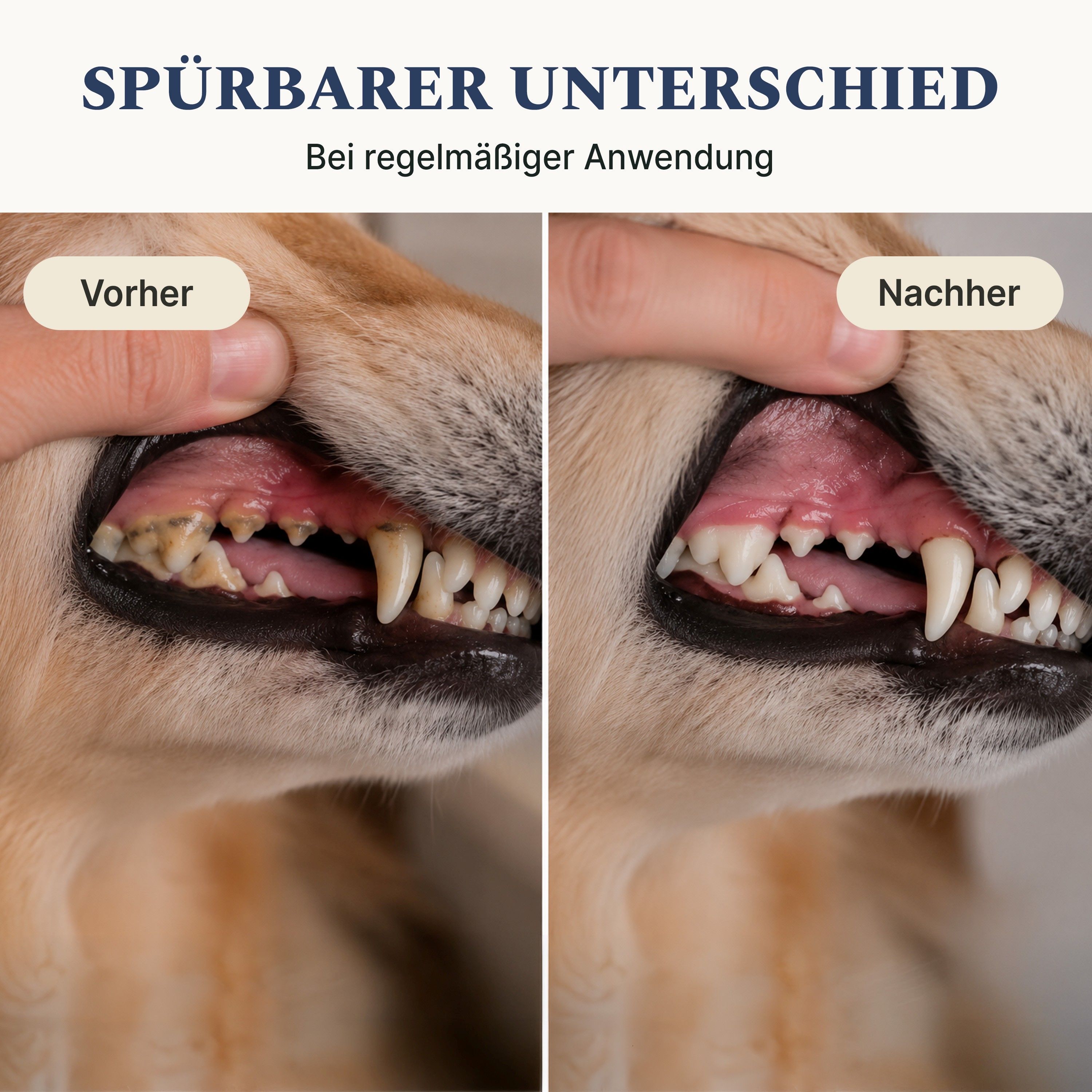 Vergleich von Hundegebissen: Vorher mit Zahnstein, nachher sauber und gesund.
