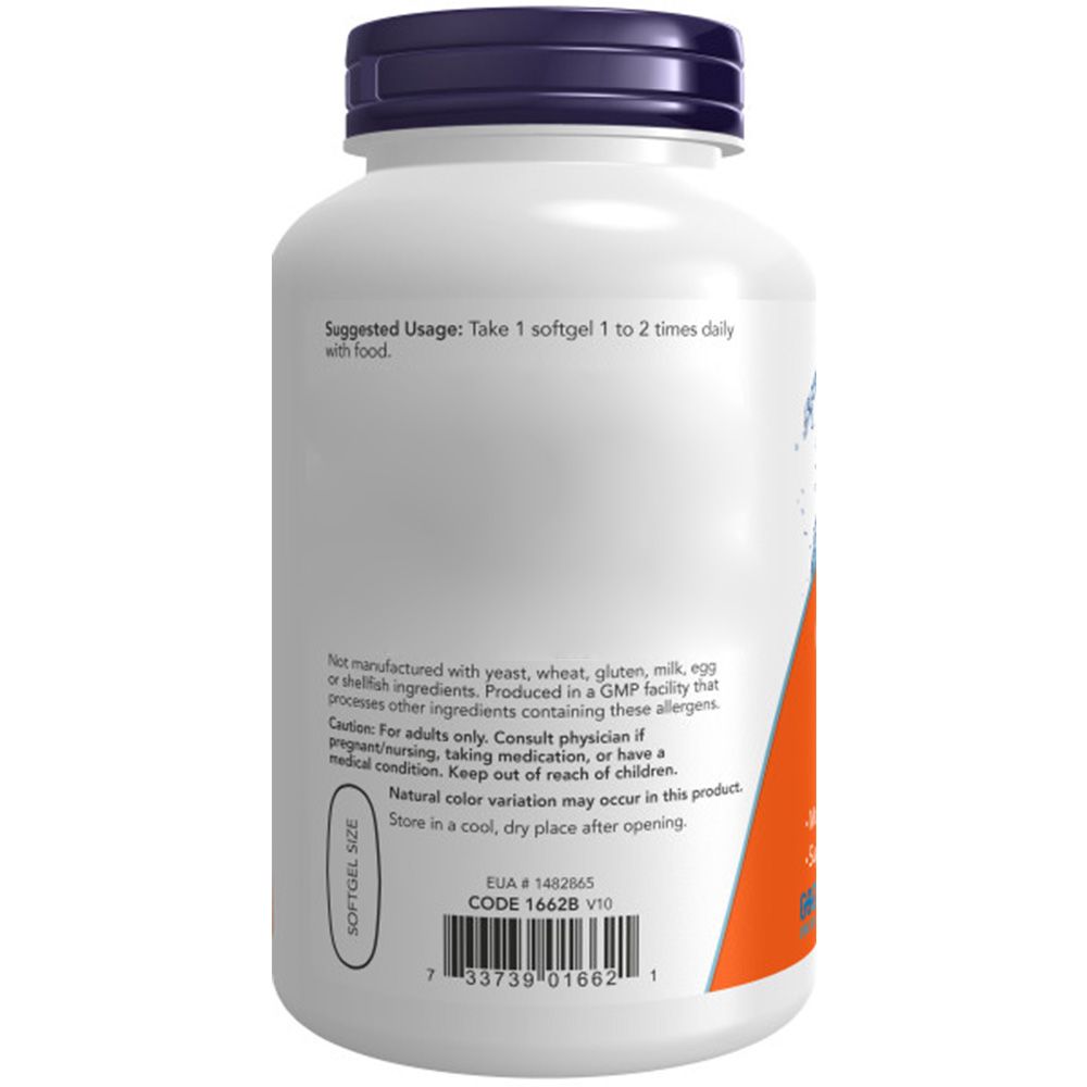 Rückansicht einer weißen Flasche mit blauem Deckel. Etikett mit Anwendungshinweisen und Warnhinweisen. Enthält Omega-3-Fischöle.
