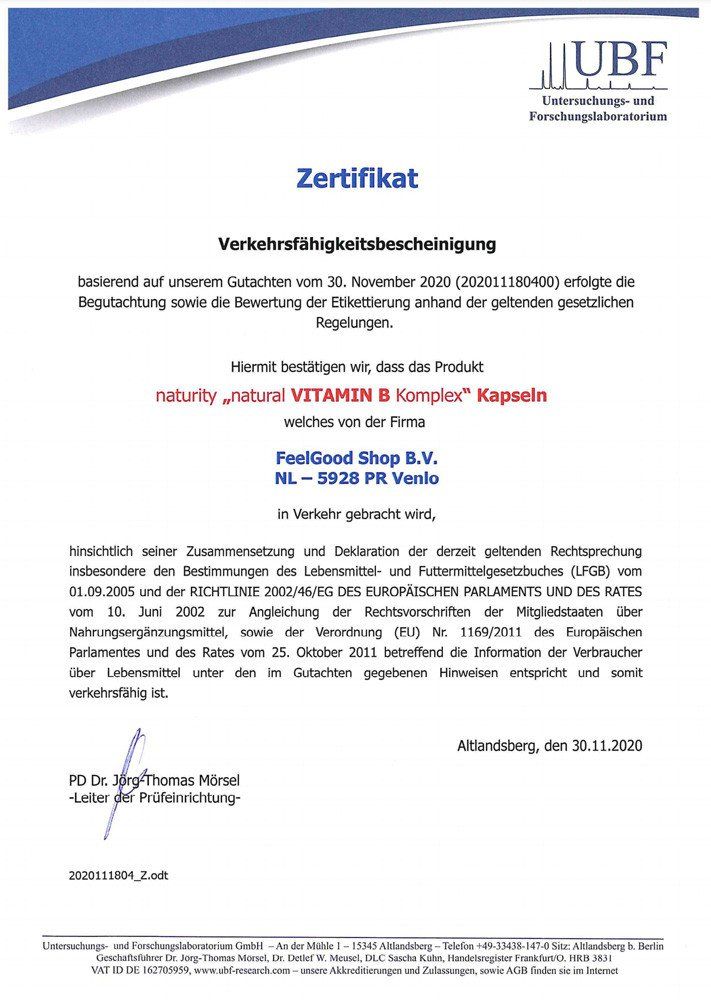 Zertifikat der Verkehrsfähigkeit für "naturity natural VITAMIN B Komplex" Kapseln. Ausgestellt von UBF, mit Unterschriften und Stempel.
