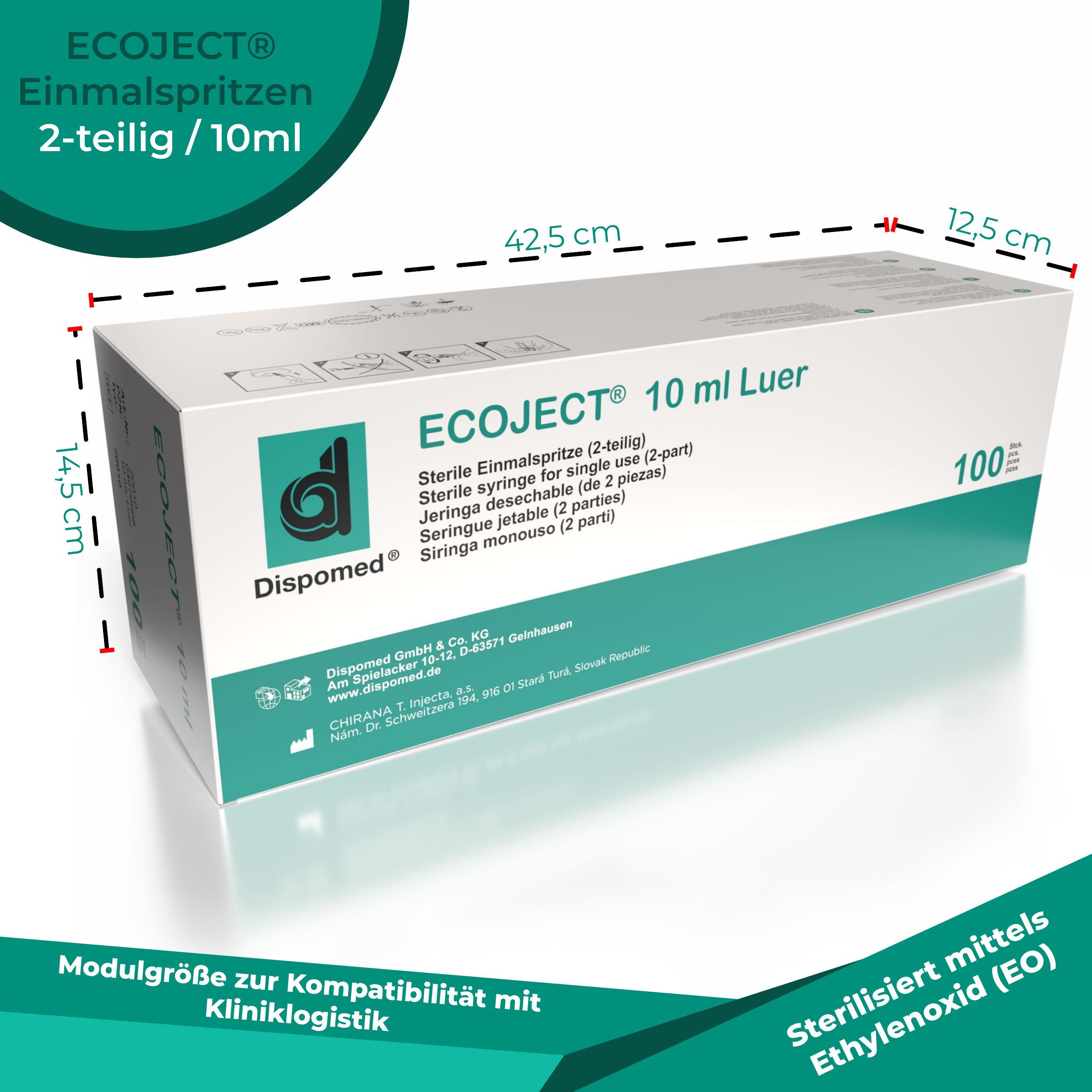 Verpackung von Ecoject Einmalspritzen, 10 ml. Weißer Karton mit grünen und roten Details. 100 Stück. Marke: Dispomed.