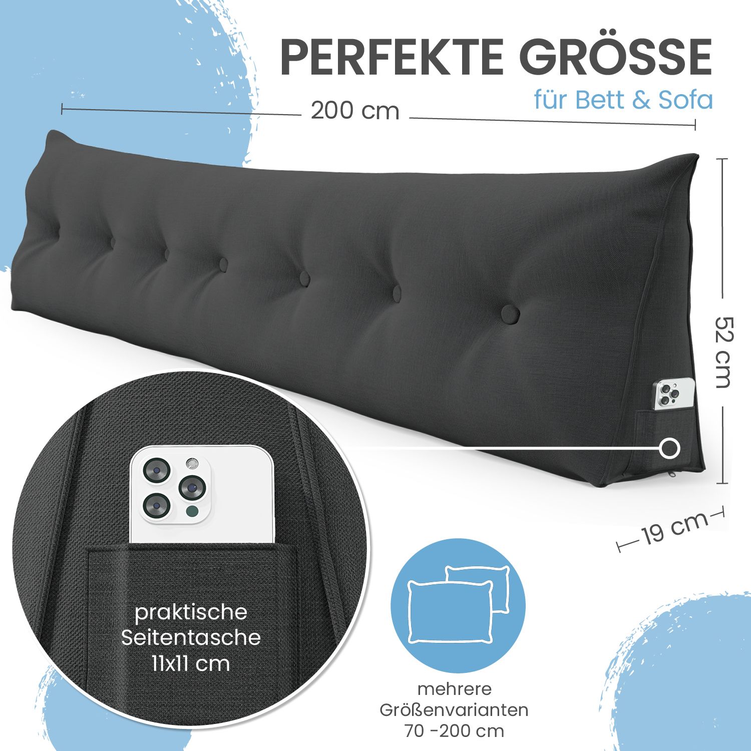 Graues Stützkissen mit Knöpfen. Maße: 200x52x19 cm. Mit Seitentasche für ein Smartphone. Text: "PERFEKTE GRÖSSE".