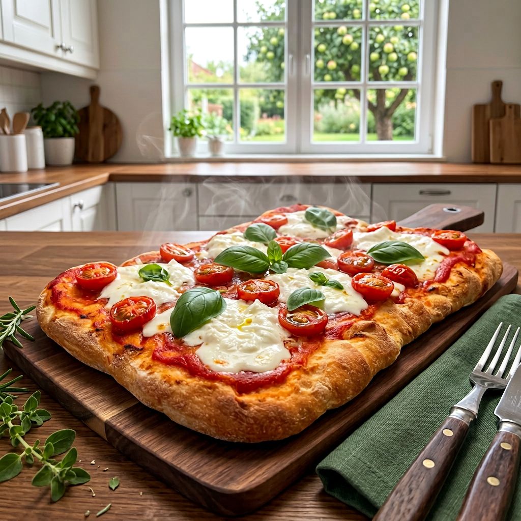 Vorgebackener Pizzaboden mit Tomaten, Mozzarella und Basilikum in einer Küche.