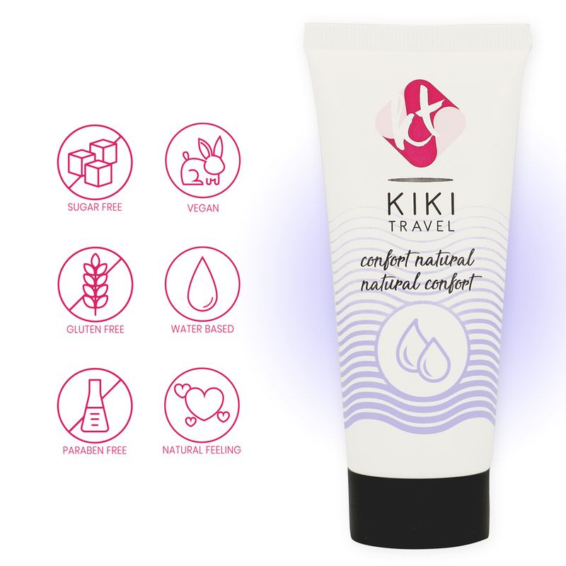 Tube Gleitgel mit Symbolen: zuckerfrei, vegan, glutenfrei, wasserbasiert, parabenfrei, natürliches Gefühl. Aufschrift: KIKI TRAVEL, confort natural.