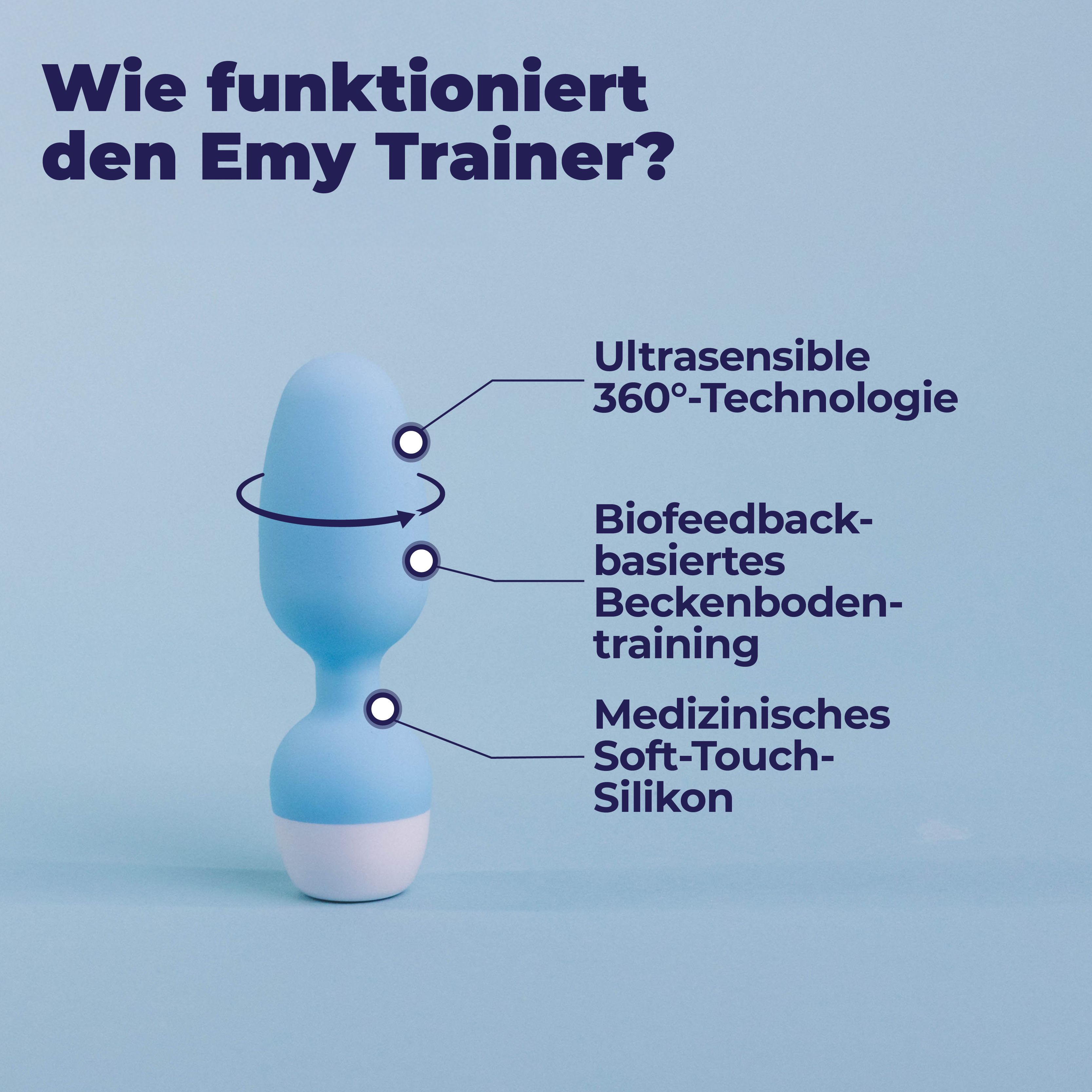 Blau-weißer Beckenbodentrainer mit Beschriftungen: Ultrasensible 360°-Technologie, Biofeedback-basiertes Beckenbodentraining, medizinisches Soft-Touch-Silikon.