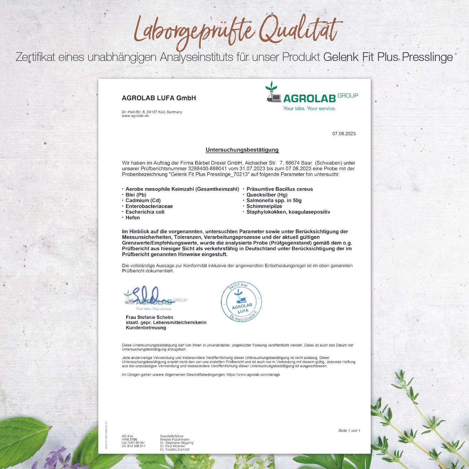Zertifikat eines Analyseinstituts. Text: Laborgeprüfte Qualität. Logo: AGROLAB LUFA GmbH. Unterschriften und Stempel.