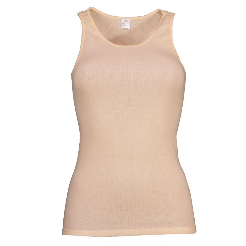 Beige Damenunterhemd ohne Arm. Rundhalsausschnitt, flauschiges Rückenteil. Angora-Leicht. Etikett am Nacken.