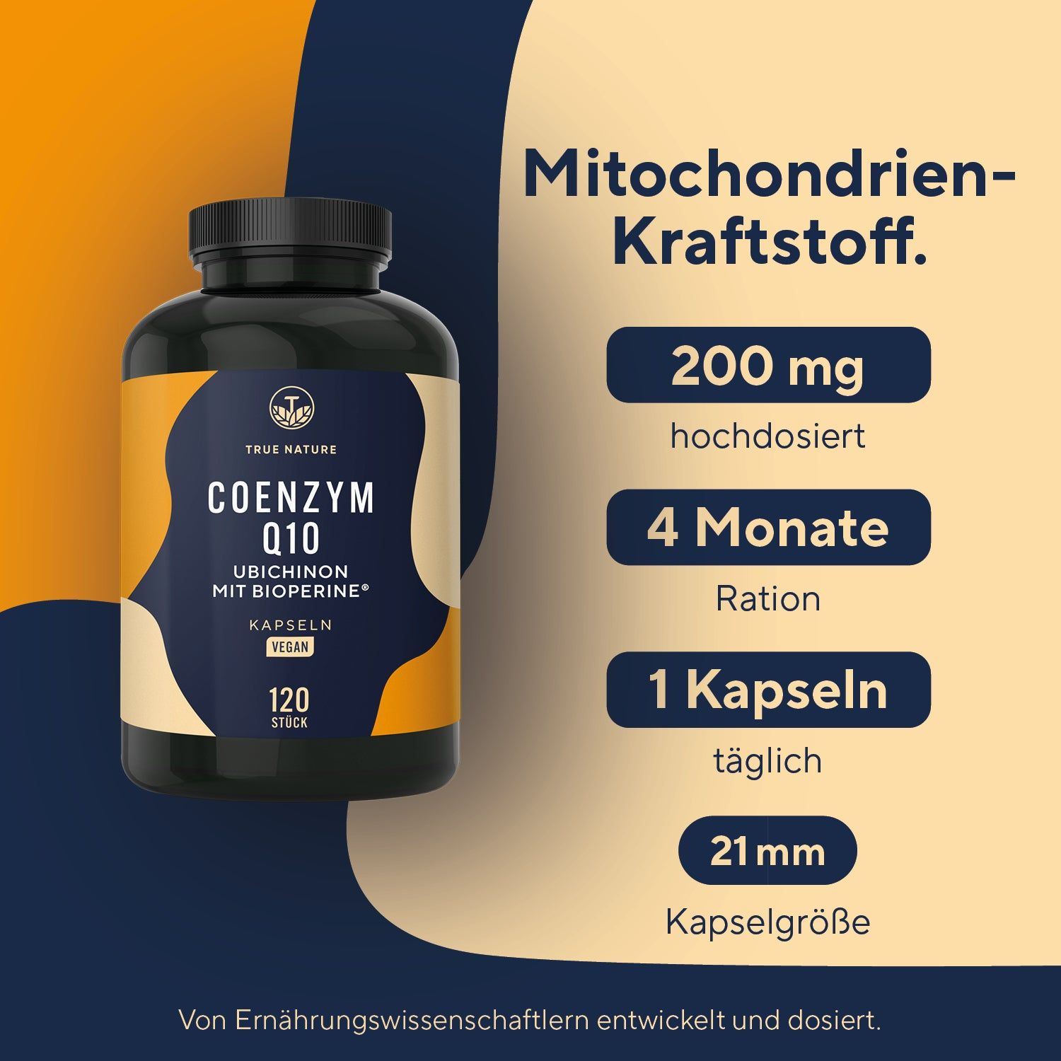 Dunkle Flasche mit Coenzym Q10 Kapseln, 120 Stück, vegan. Enthält Ubichinon mit BioPerine.