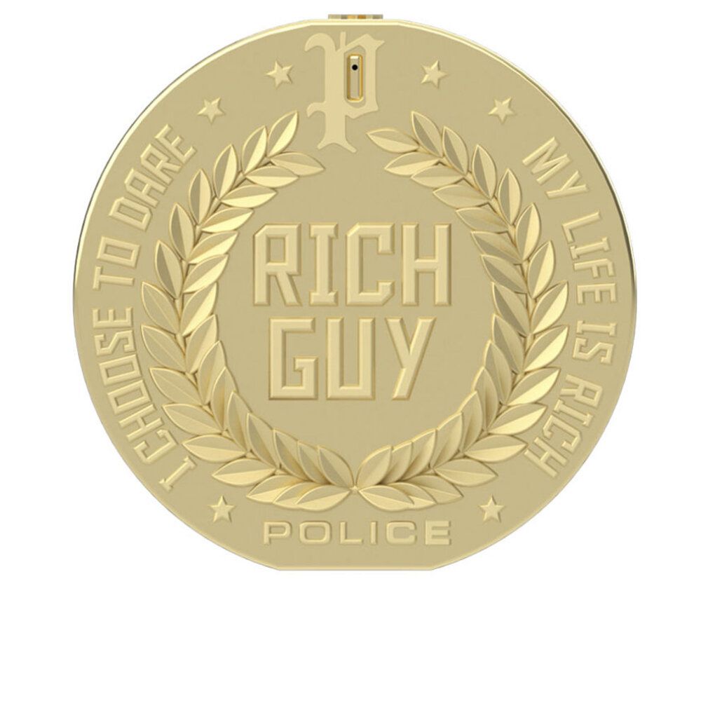 Goldfarbener, runder Flakon mit Aufschrift RICH GUY, umgeben von Lorbeerzweigen und Text. Sterne.