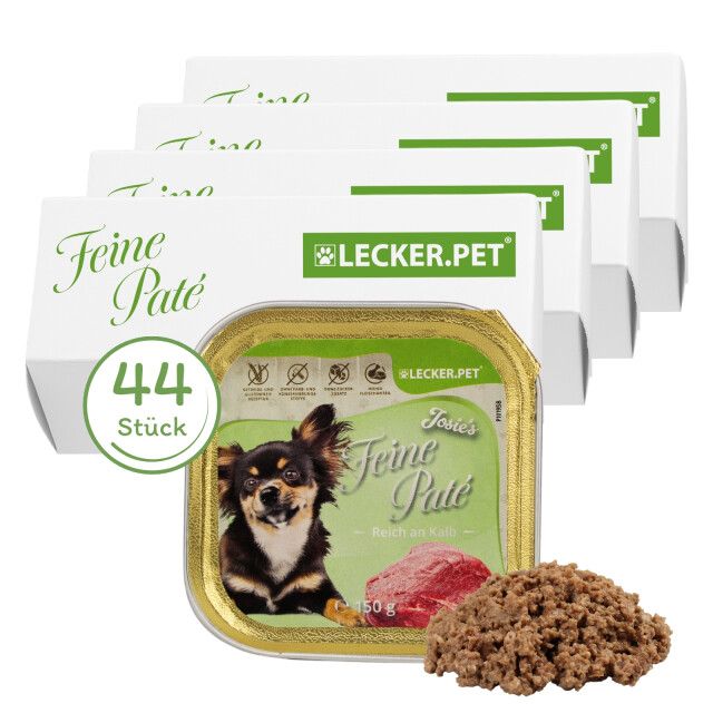 Mehrere Packungen Hundefutter mit 44 Stück. Einzelne Dose mit Produktabbildung und Text: Josie's Feine Paté Reich an Kalb. Geöffnete Dose mit Futter.
