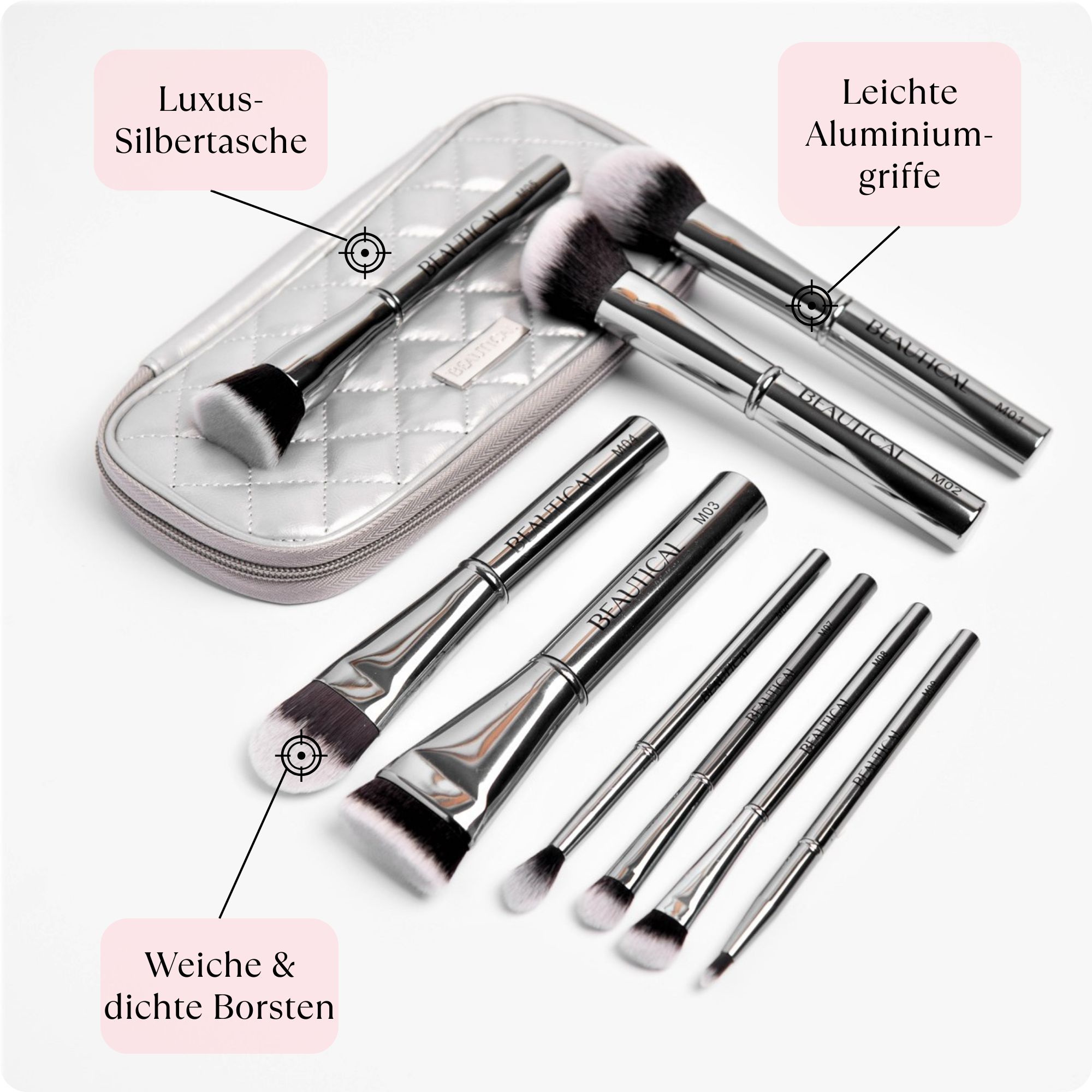 Pinselset mit silbernen Griffen und Etui. Die Marke BEAUTICAL ist sichtbar. Auf weißem Hintergrund.
