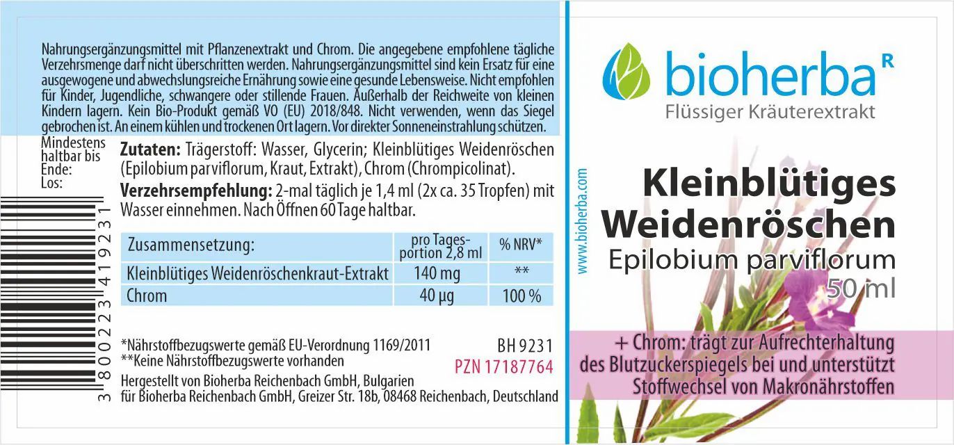 Etikett mit Produktnamen, Logo und Inhaltsangaben. Enthält Informationen zu Inhaltsstoffen und Dosierung.