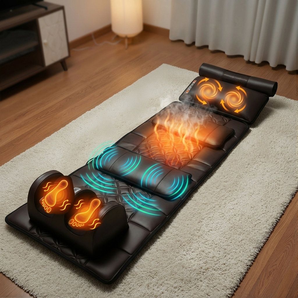 Braune Massagematte mit Fußstütze. Auf der Matte sind grafische Darstellungen von Wärme und Massagepunkten zu sehen.
