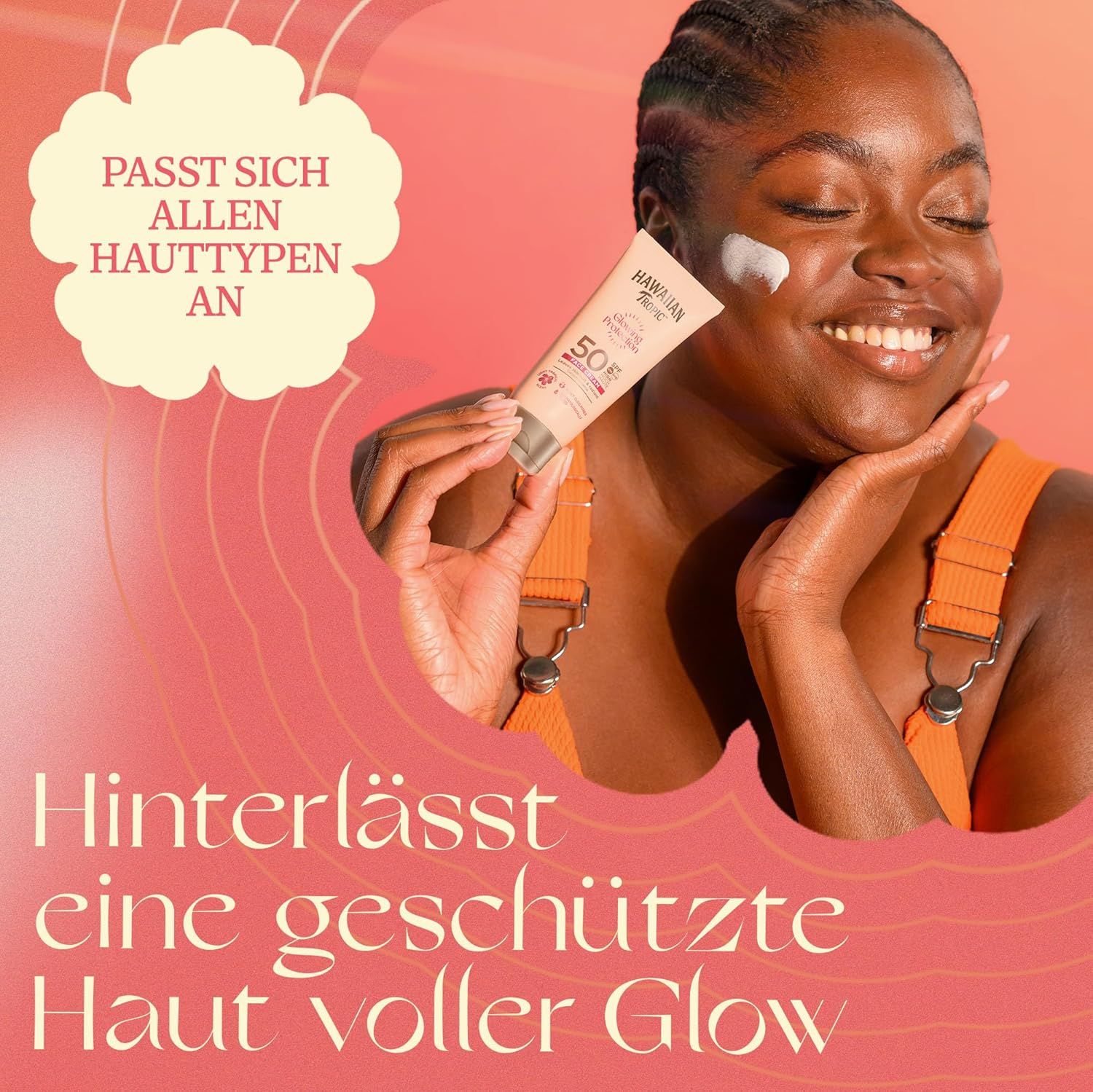 Frau hält Sonnencreme-Tube. Marke: Hawaiian Tropic. LSF 50. Gesichtspflege. Hauttyp-Anpassung. Geschützte Haut.