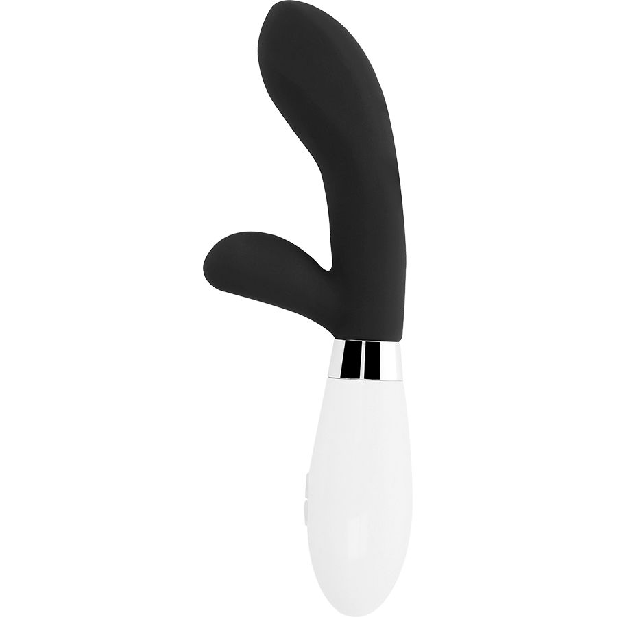 Schwarz-weißer Vibrator mit gebogener Form. Der obere Teil ist schwarz, der untere Teil weiß. Mit silberfarbenem Ring.