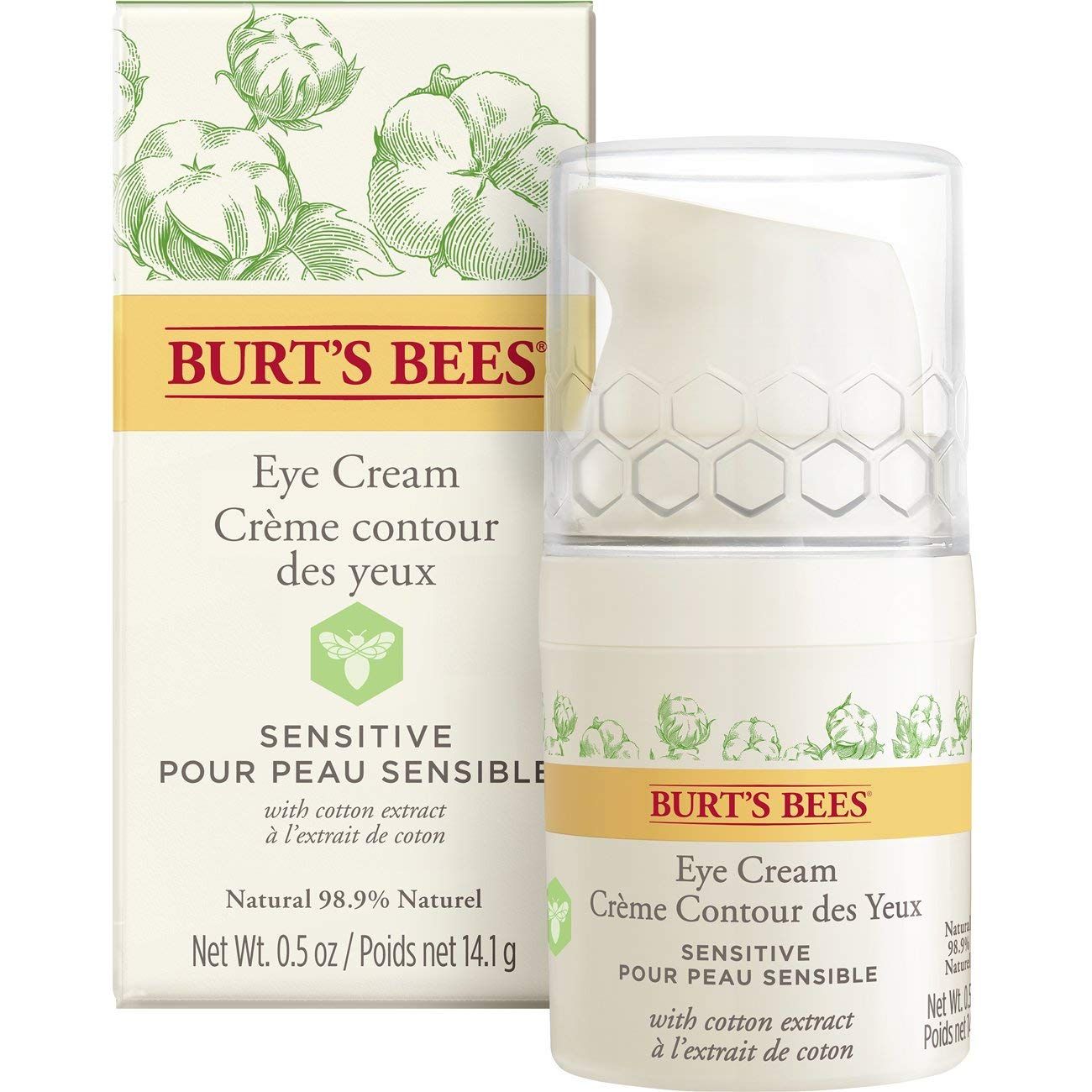 Creme-Tube und Schachtel. Aufschrift: BURT'S BEES Eye Cream, Crème contour des yeux, Sensitive pour peau sensible. Baumwollextrakt.